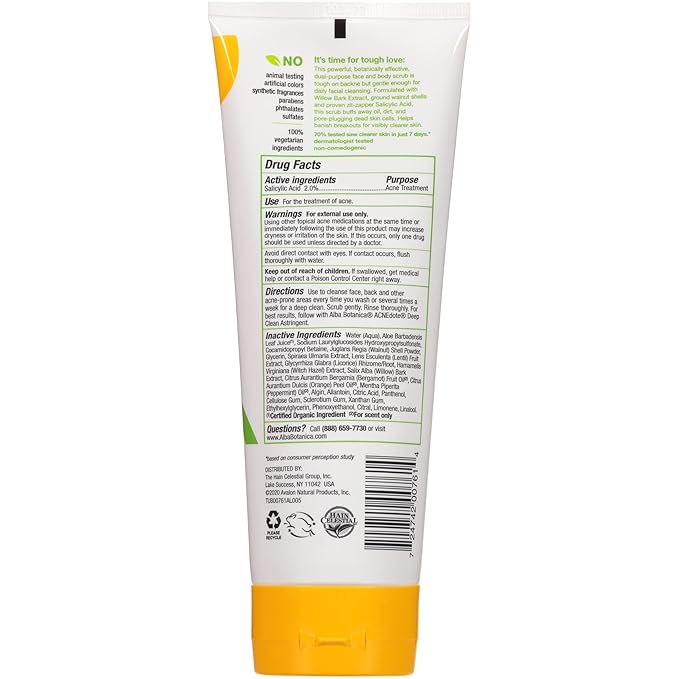 Alba Botanica Acnedote Maximum Strength Face & Body Scrub for Acne Treatment, Blackhead Scrub, 8 Oz