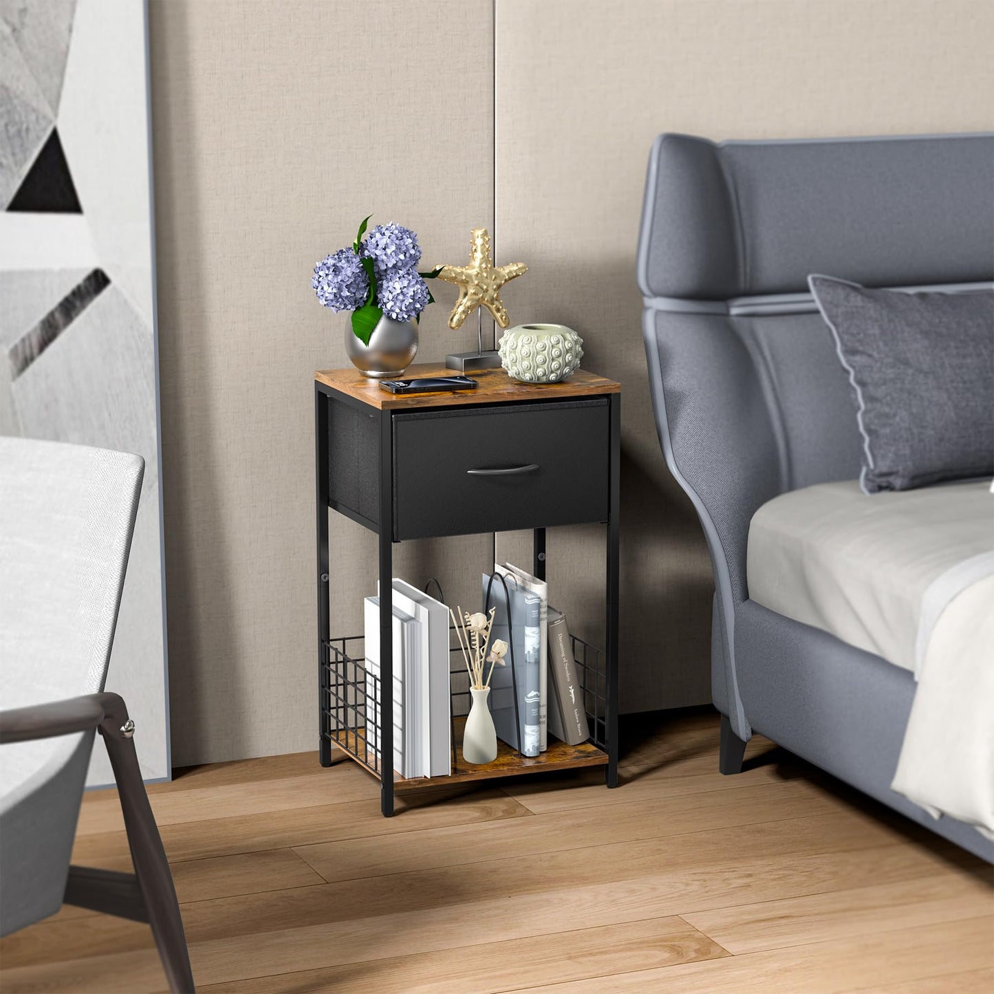 End Table Night Stand, Side Table Bedroom with Book Shelf & Storage Drawer, Night Stand with Fabric Bin for Bedroom, Corner Book Shelf for Home, Easy Assemble, Brown