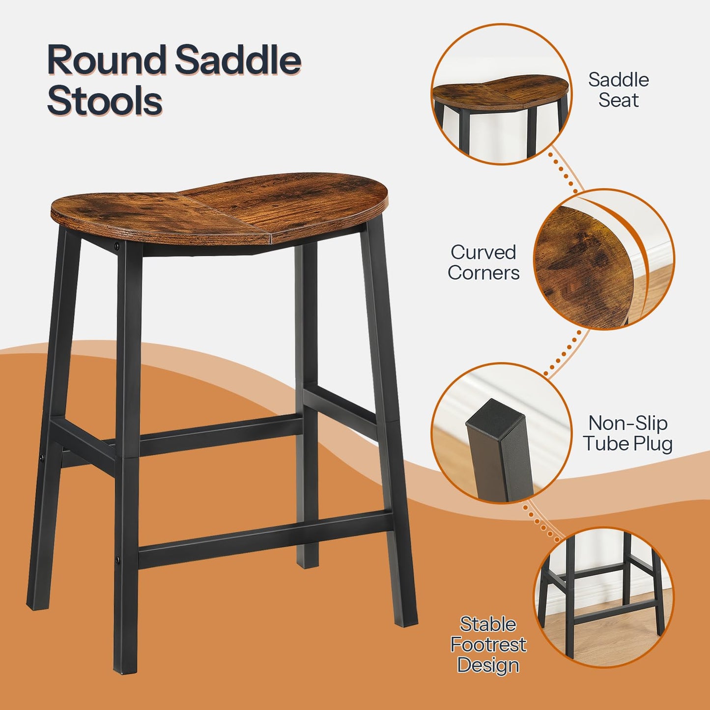 HOOBRO Bar Stools, Set of 2 Bar Chairs, 23.6 Inch Barstools for Kitchen Counter, Counter Height Bar Stools, Kitchen Stools with Footrests, for Dining Room, Rustic Brown and Black BF57MDP201