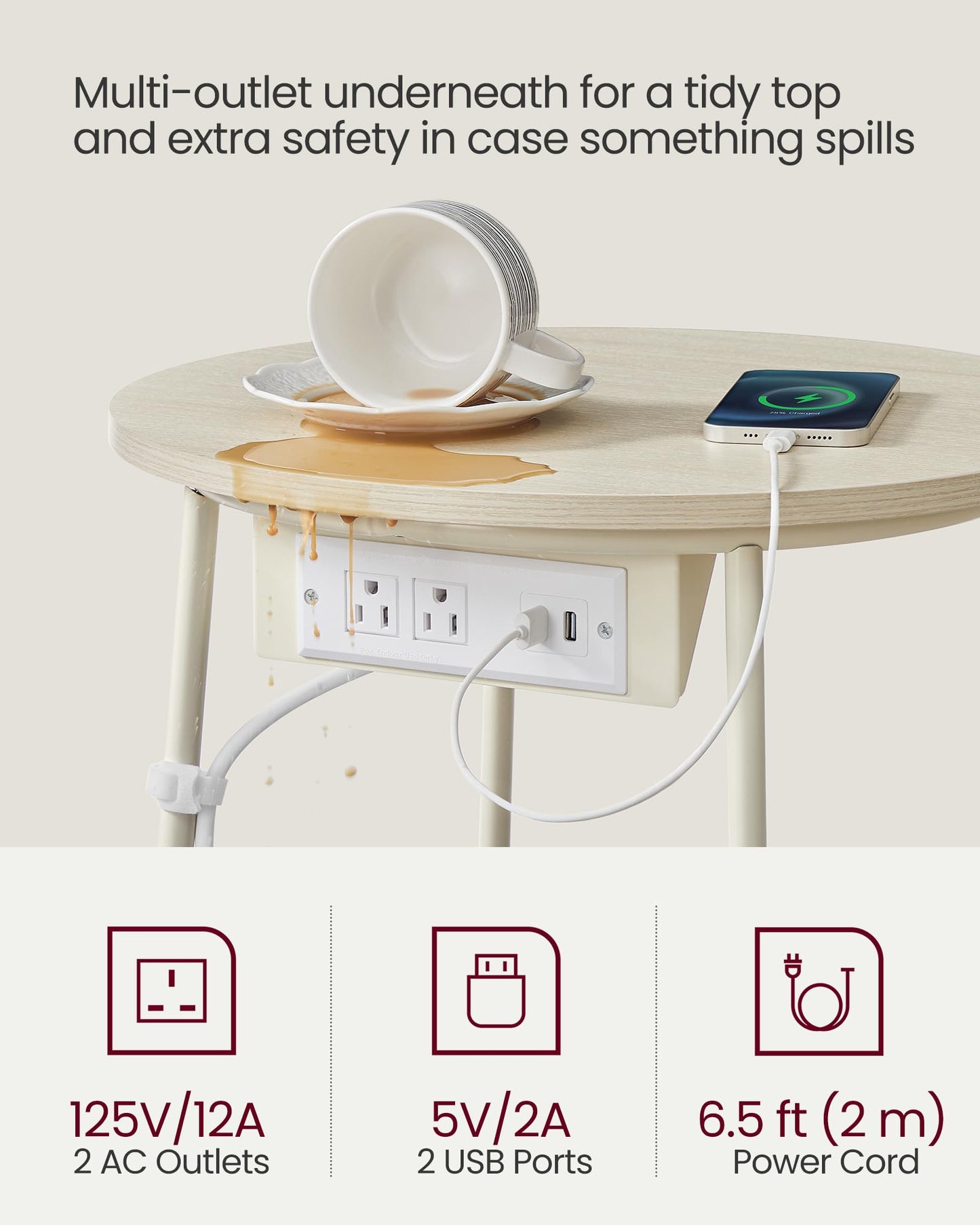 VASAGLE Side Table with Charging Station, Round End Table with Fabric Basket, Nightstand with Power Outlets, USB Ports, for Living Room, Bedroom, Modern, Cream White ULET228N01