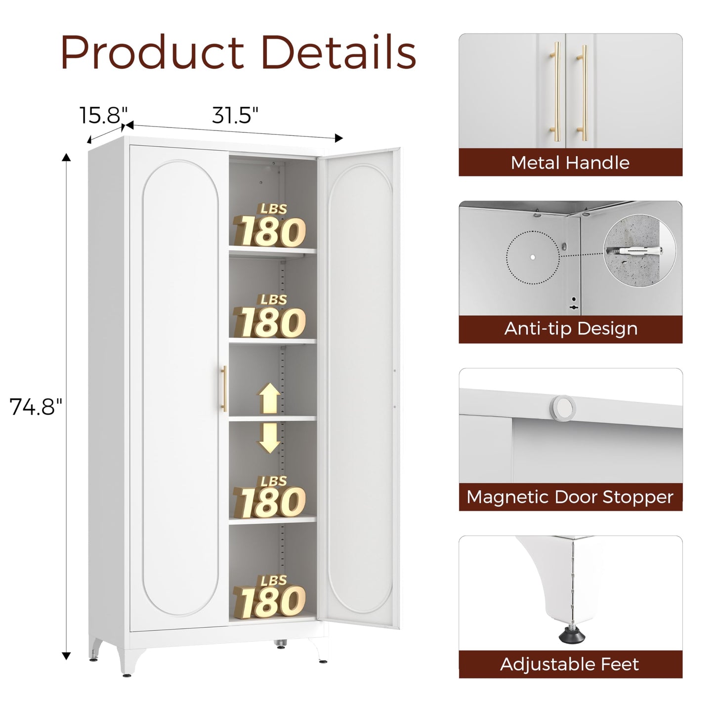 Kubohogar 75" Tall Kitchen Pantry Cabinet with 2 Doors and 4 Adjustable Shelves, White Metal Storage Cabinets, Kitchen Cupboard for Dinning Living Room, Bathroom, Laundry, Home Office