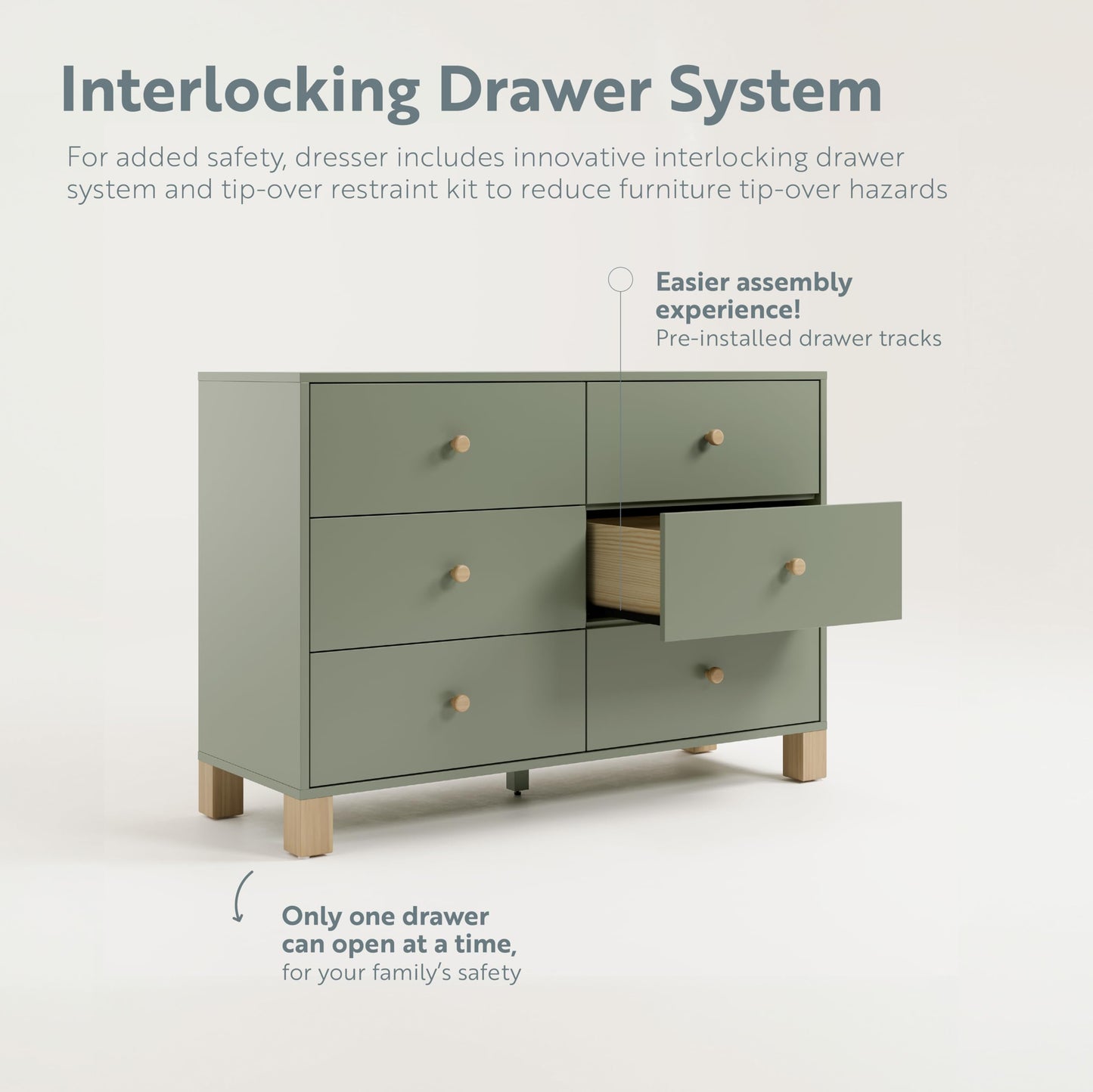 Storkcraft California 6-Drawer Double Dresser (Olive with Driftwood) - GREENGUARD Gold Certified, Interlocking Drawer System, Dresser Drawer Organizer for Kids Bedroom