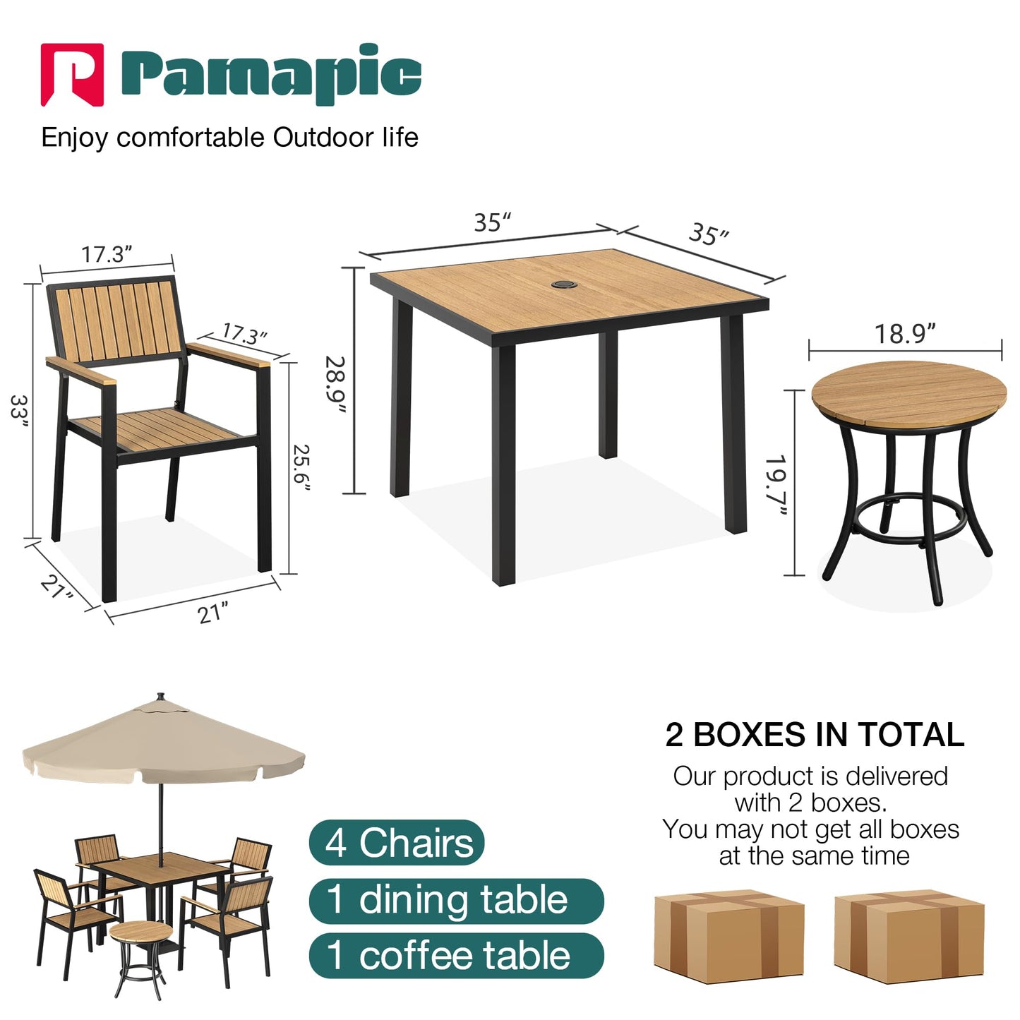 Pamapic 6-Piece Patio Dining Set，Outdoor Aluminum Furniture Set with Plastic-Wood Table Top,Outdoor Furniture Set with 4 Outdoor Stackable Chairs for Patio Garden Poolside (Teak)