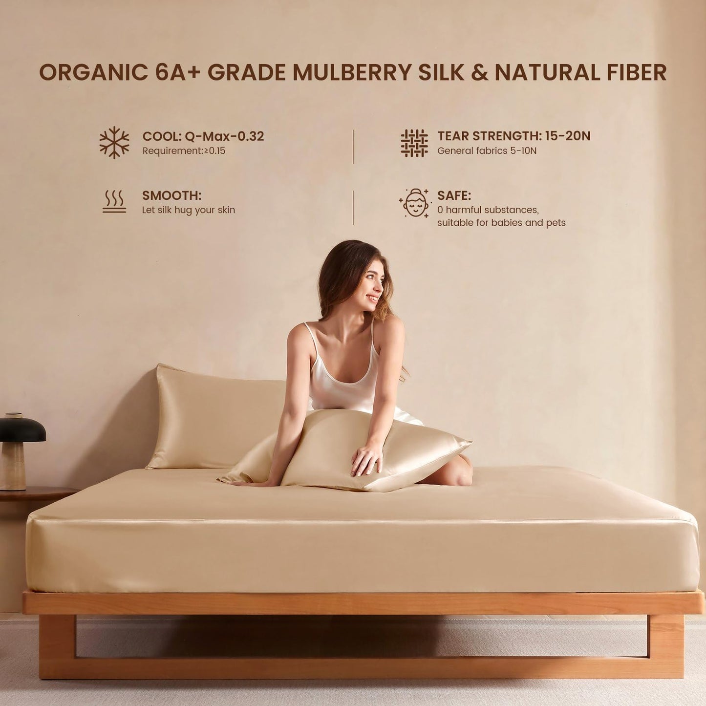 THXSILK Luxury Mulberry Silk Bed Sheets Set - 4pcs Silk Sheets Set 16" Deep Pocket - 1 Fitted Sheet, 1 Flat Sheet, 2 Pillowcases with Zipper Closure - King, Champagne