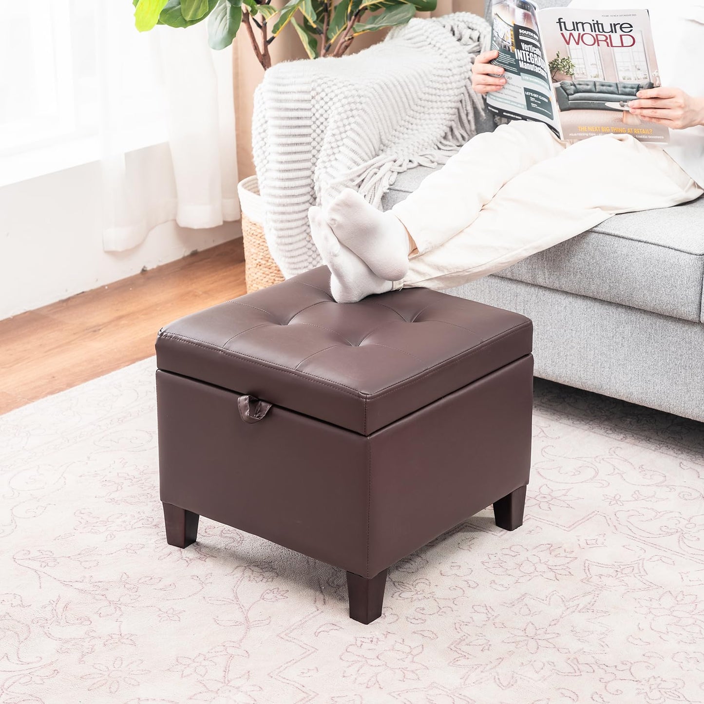 Asense 17 Inch Square Storage Ottoman,Small Foot Rest Stool for Couch, Faux Leather Upholstered Footstool Cube for Entryway Bedroom Living Room,Brown