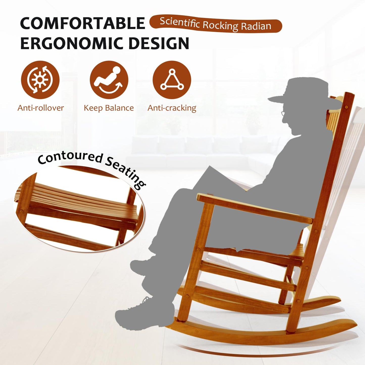 Hupmad Wooden Oversized Porch Rocker Chair with High Back and Armrest, All Weather Slatted Rocker for Backyard, Garden, 400 lbs Support, Natural