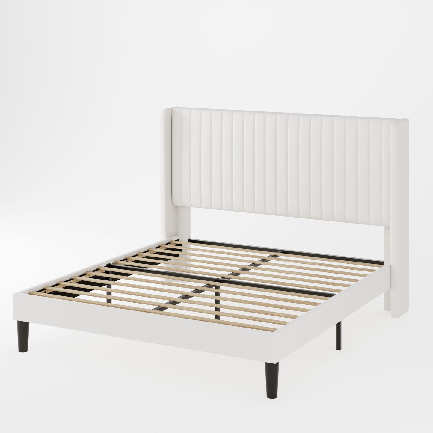 Allewie Full Size Velvet Bed Frame/Vertical Channel Tufted Wingback Headboard/Upholstered Platform Bed/Strong Wooden Slats/No Box Spring Needed/Easy Assembly/White
