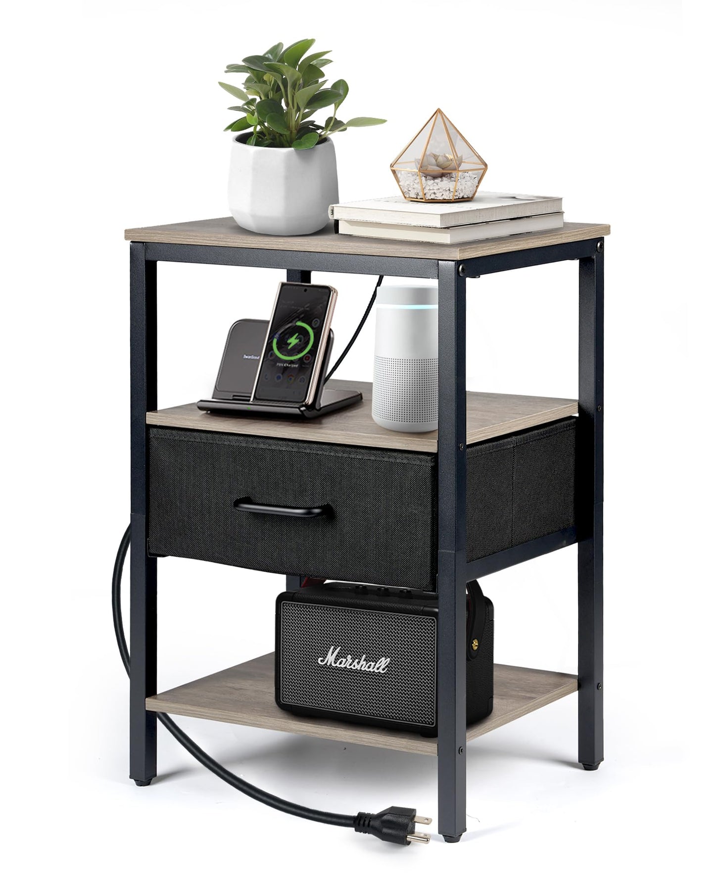 Upolana Nightstand with Charging Station, Bed Side Table with Fabric Drawer, 3-Tier Storage Dorm Night Stand for Bedroom, 2 USB & 2 Outlets End Table, Greige and Black