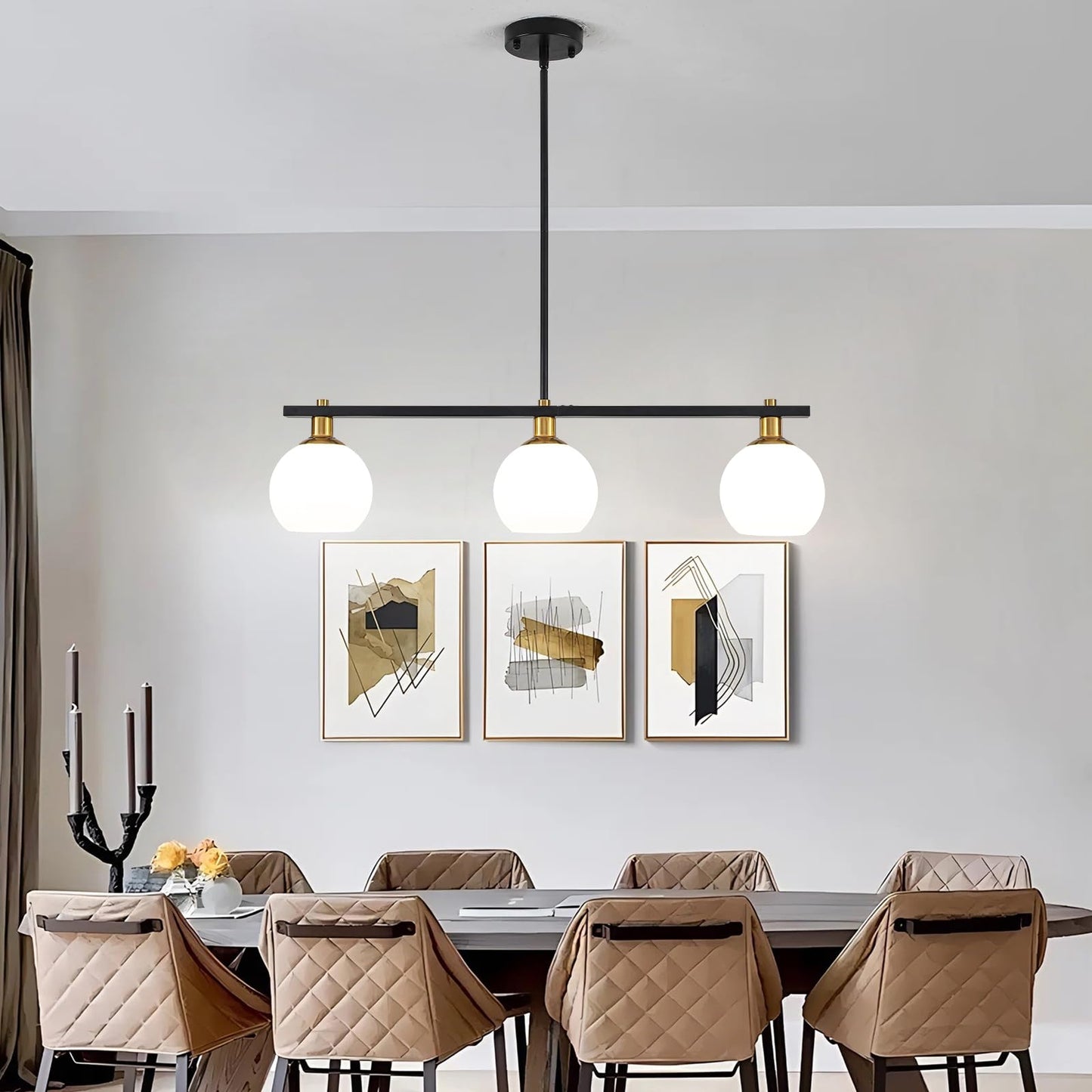 Black and Gold Chandeliers for Dining Room Chandelier Over Table 3-Light Kitchen Island Lighting with Glass Shades Linear Pendant Lighting Fixture Modern Island Lights for Kitchen Table Foyer Bar