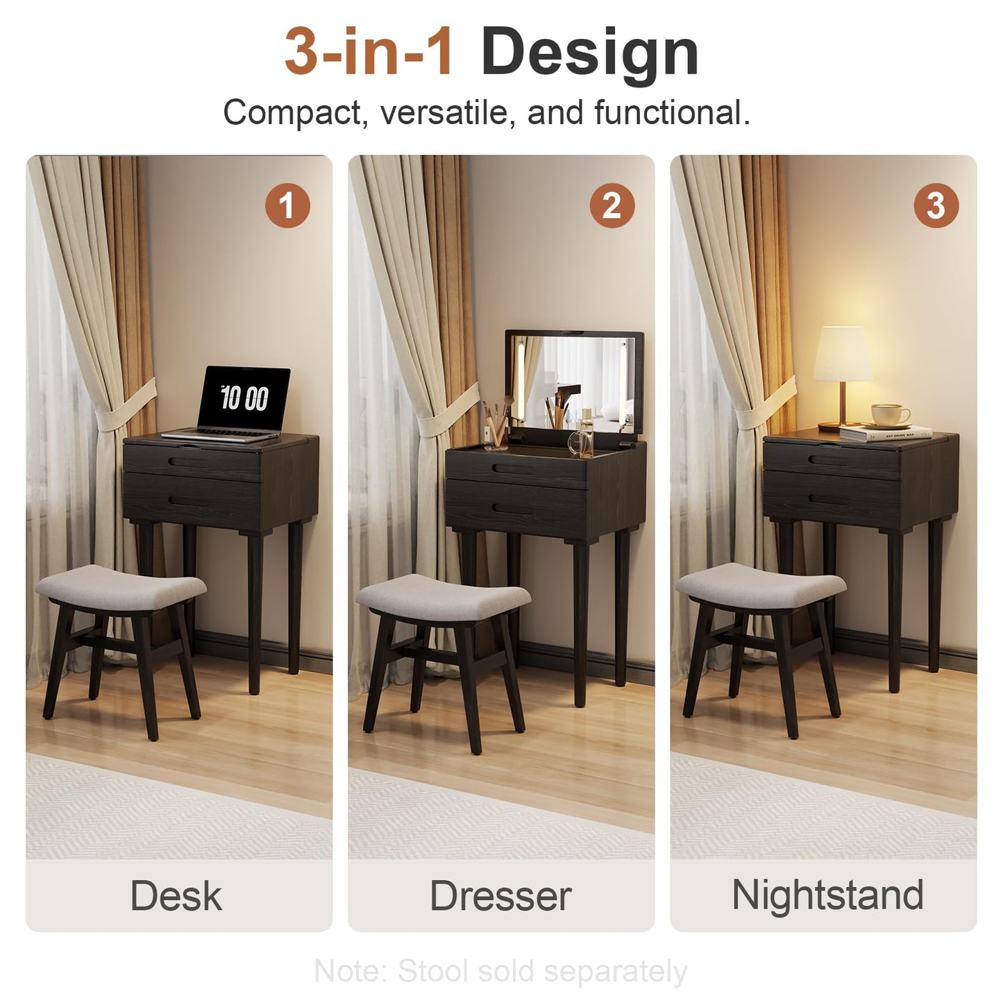 Muwuele Solid Wood Small Vanity Desk with Flip Top Mirror, Brightness Adjustable Lights, Compact Vanity with Glass Top and Drawers, Slim Dressing Table for Small Space, Bedroom, Living Room, Black