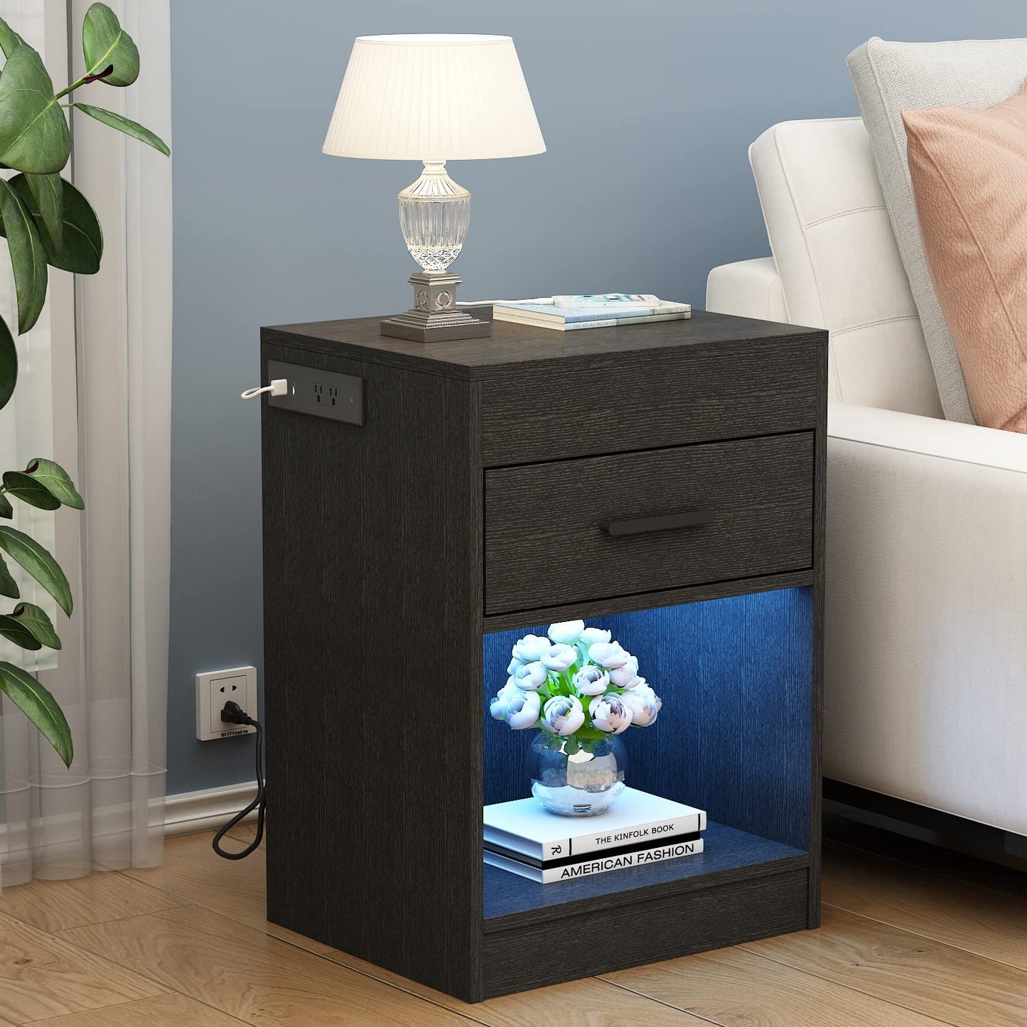 Auromie Nightstand with Charging Station and LED Lights, Concealment Furniture with RFID Lock Cabinet and Power Outlets, Bedside Table with Hidden Compartment for Valuables Storage, Black