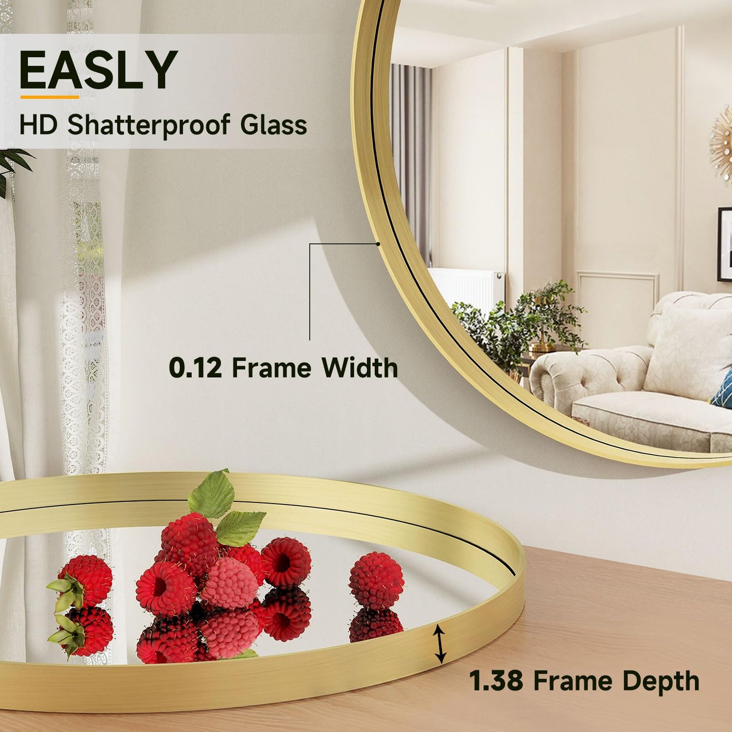 Easly 30 Inch Round Bathroom Mirror - Wall Mounted Circle Mirror with Metal Frame, Modern Mirror Suitable for Bathroom, Vanity, Entryway, Living Room, Wall Decor,Gold