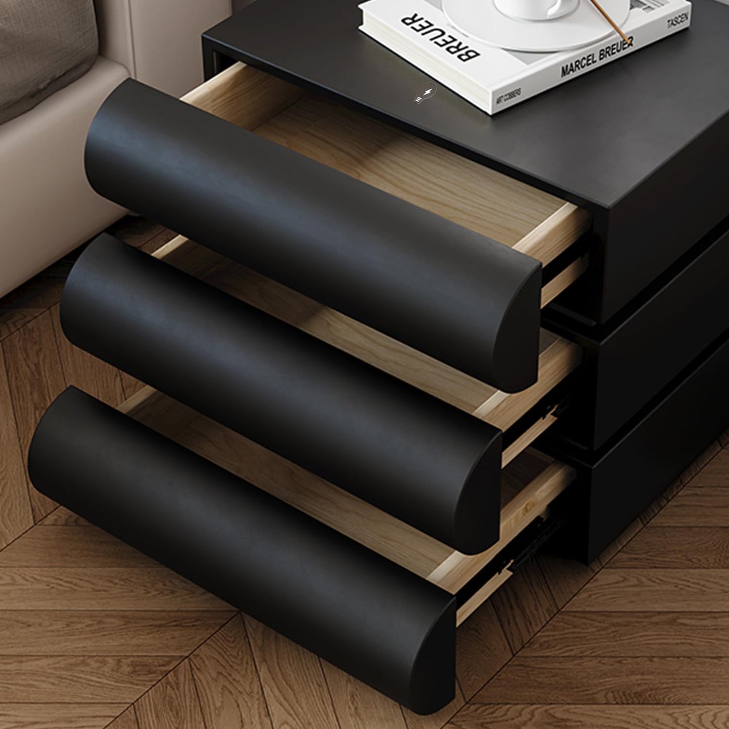 Night Stand with LED Light, Leather Nightstand, Modern Bedside Table with 3 Solid Wood Drawers, No Assembly Required(19.7''H) (Black)