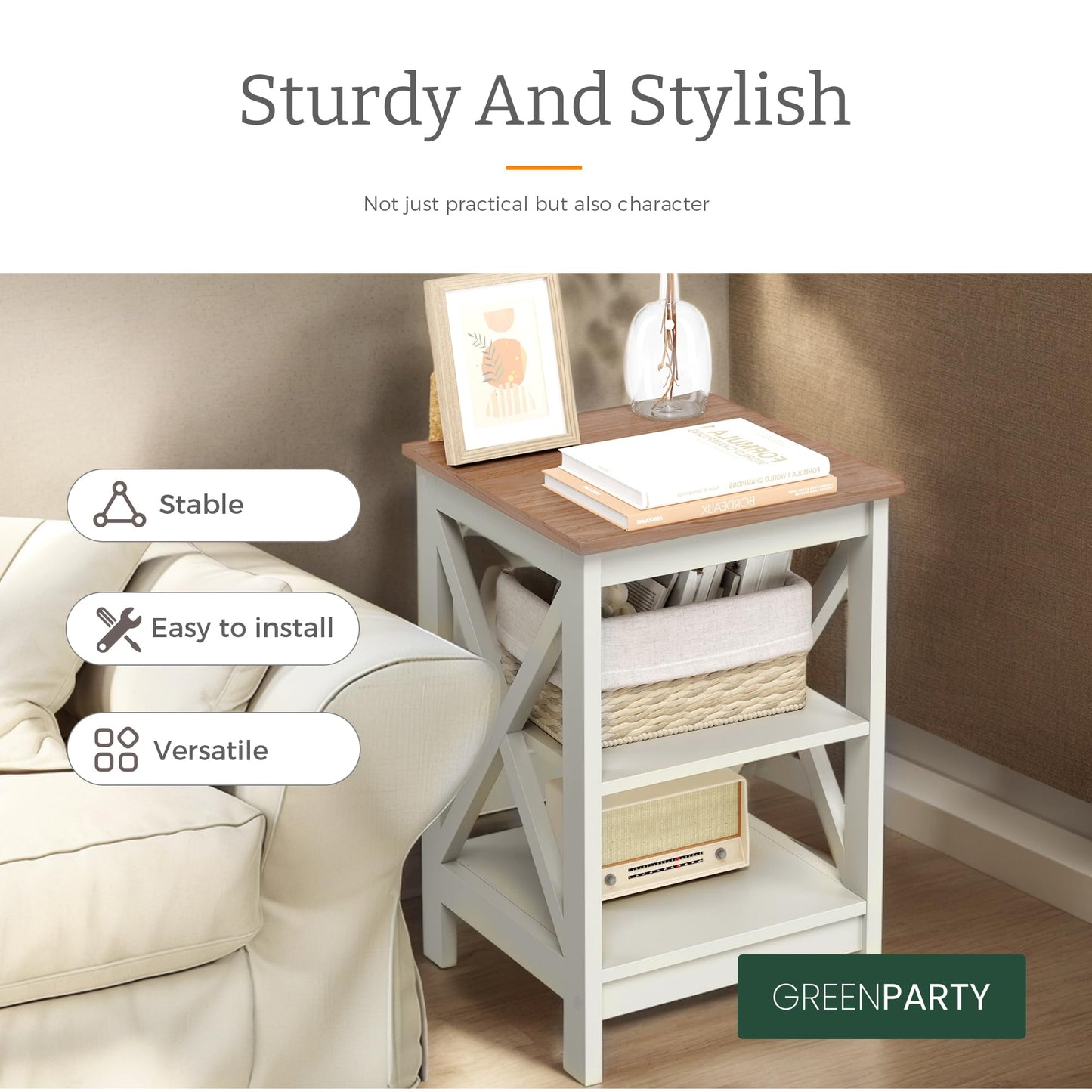 GREEN PARTY End Tables Living Room Set of 2,Side Tables with 3-Tier Storage Shelf, Small Nightstand for Bedroom, Wooden Frame,Small Coffee Table,White