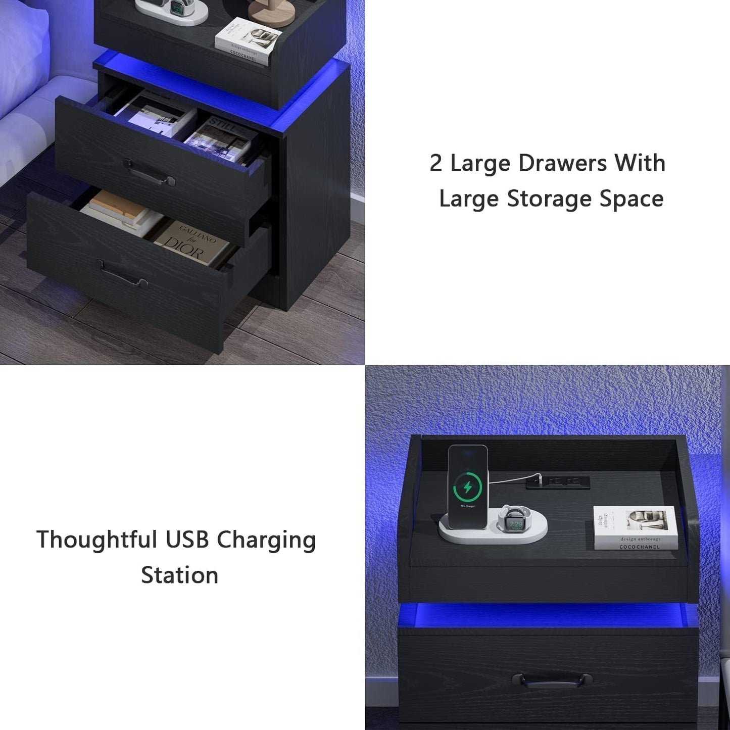 Black Nightstand with Charging Station, Night Stand with LED Lights, Modern Led End Table, Nightstand for Bedroom, Night Stand with 2 Drawers, Bed Side Table with Storage for Living Room