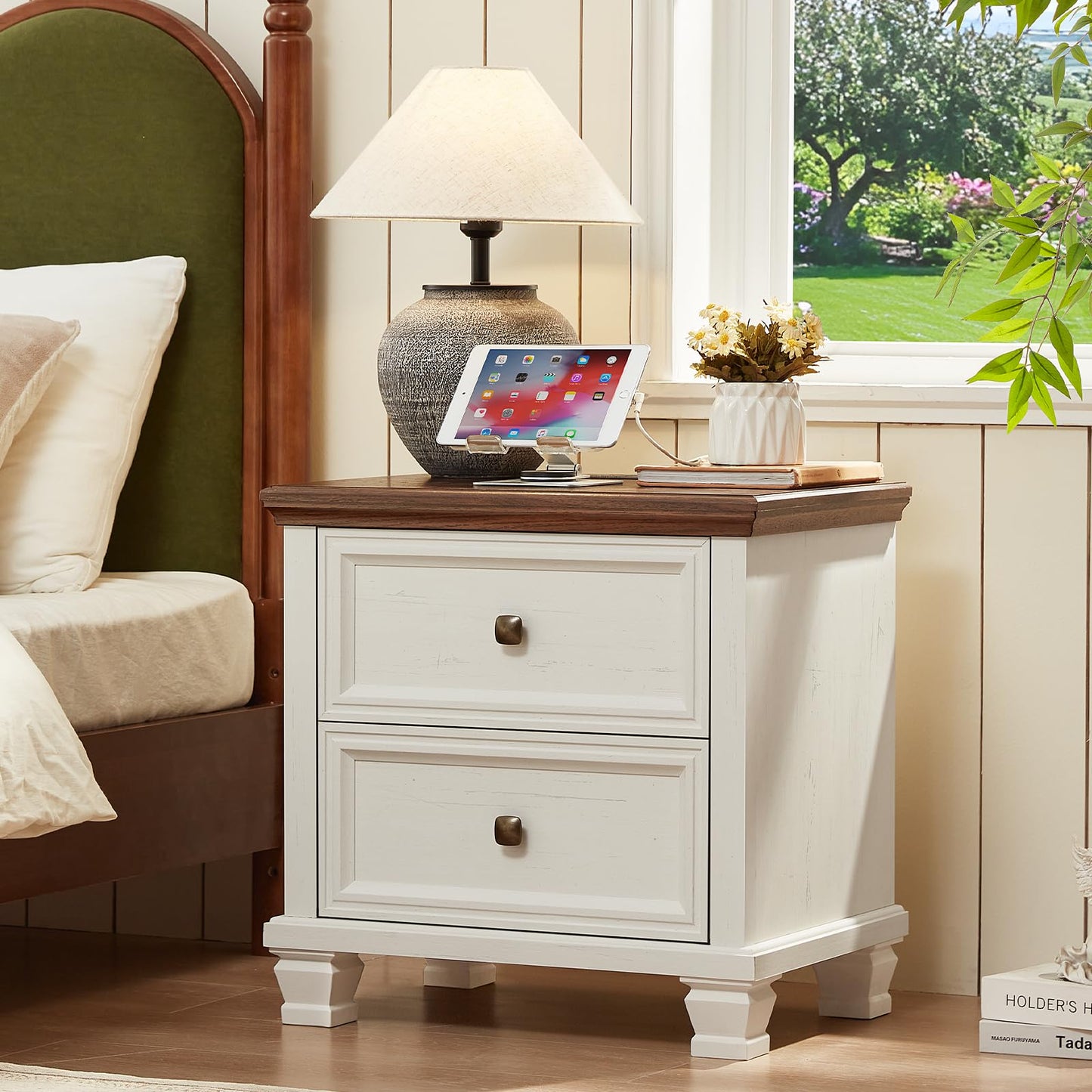 SAVOR LIFE Farmhouse Nightstand Set of 2, Rustic Low Nightstands with 2 Drawers & Charging Station, Vintage Night Stands with 4 Square Solid Wood Legs, Small Dresser for Bedroom, Home, White