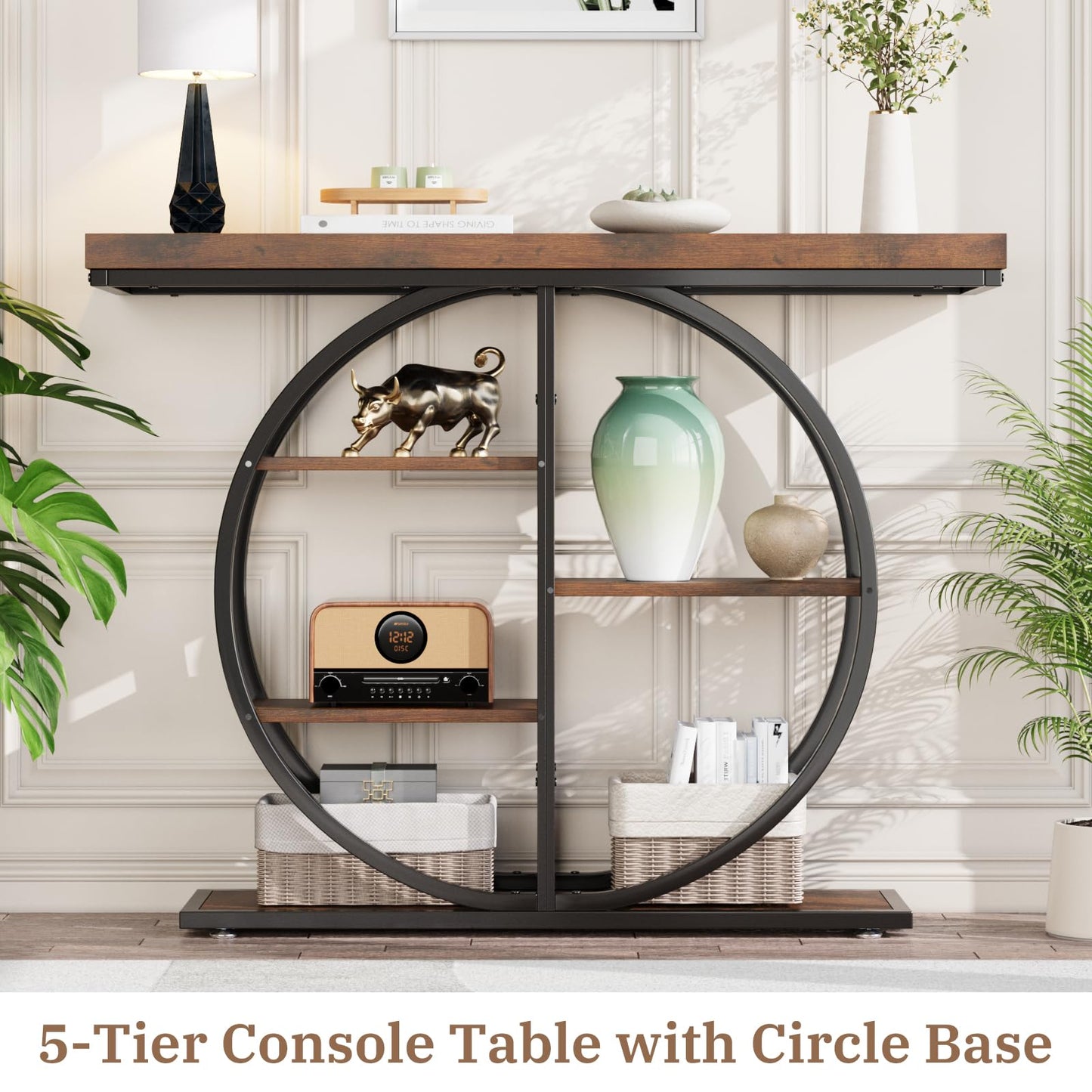 LIFECHOVY 41.3" Console Table for Entryway, Industrial Hallway Sofa Table with Storage Shelves, Narrow Accent Decor Living Room Furniture with Circle Base for Foyer, Entrance, Rustic Brown
