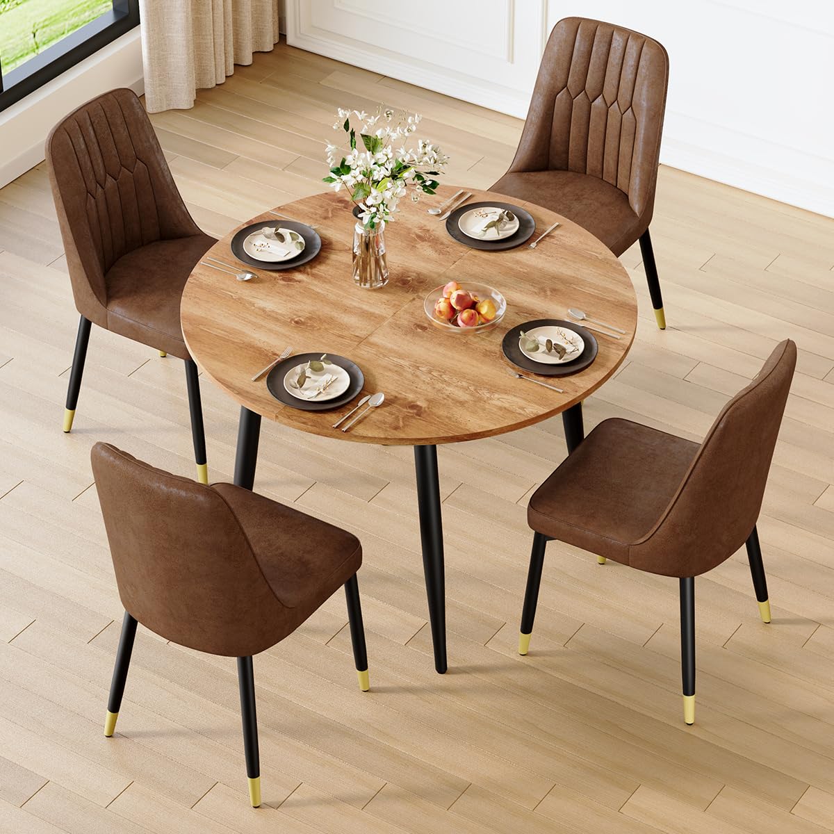 Round Dining Table Set for 4, 42"-54" Extendable Dining Table Set for 4, 0.73" Thick Wood Tabletop with Smooth Edge, Black Metal Leg with Non-slip Footmat, 4 Soft PU Chairs, Small Space, Easy Assembly