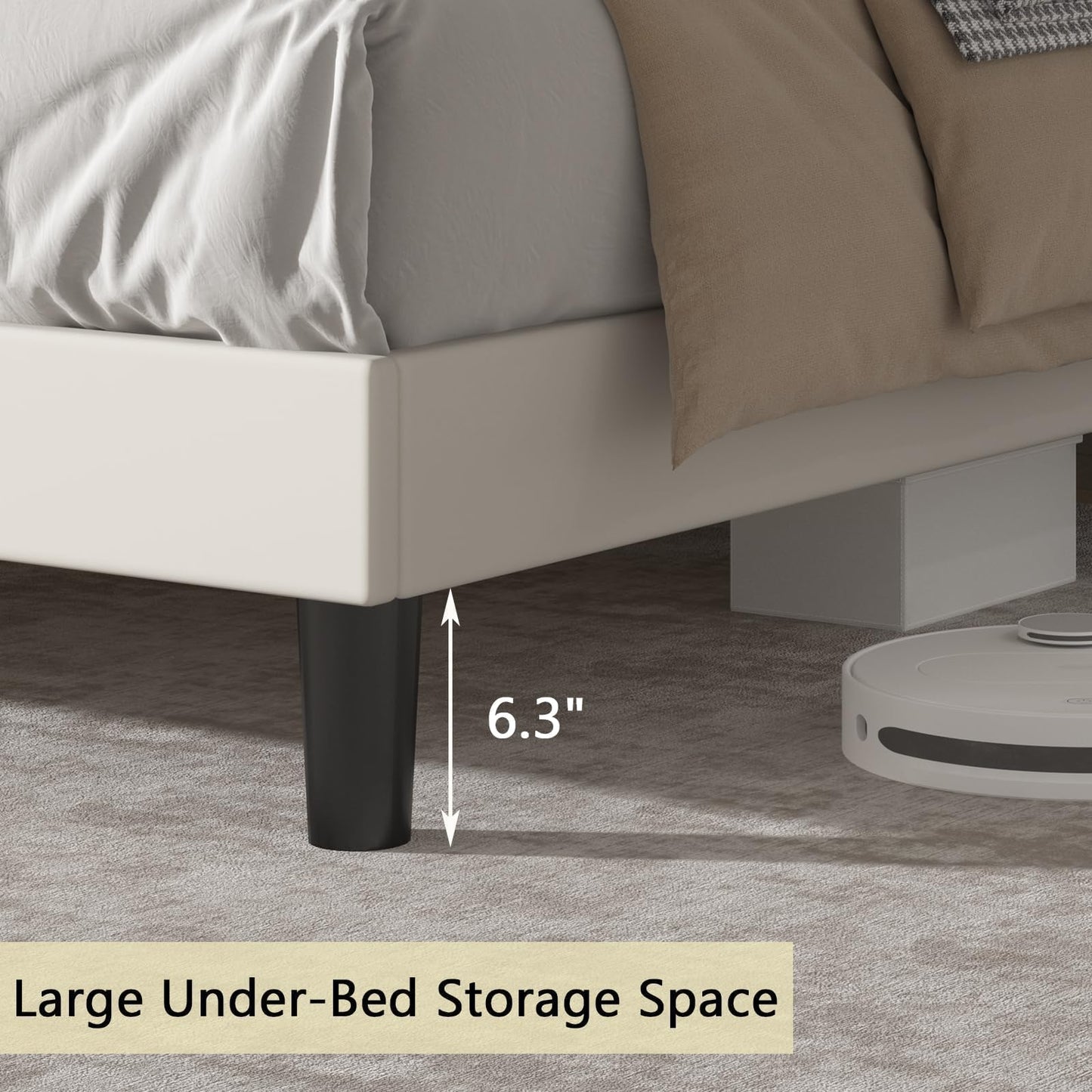 Full Size Bed Frame with LED Lights, Velvet Upholstered Platform Bed with Storage Headboard and Charging Station, Full Bed Frame with Diamond Design, Wood Slats Support, No Box Spring Needed, Beige