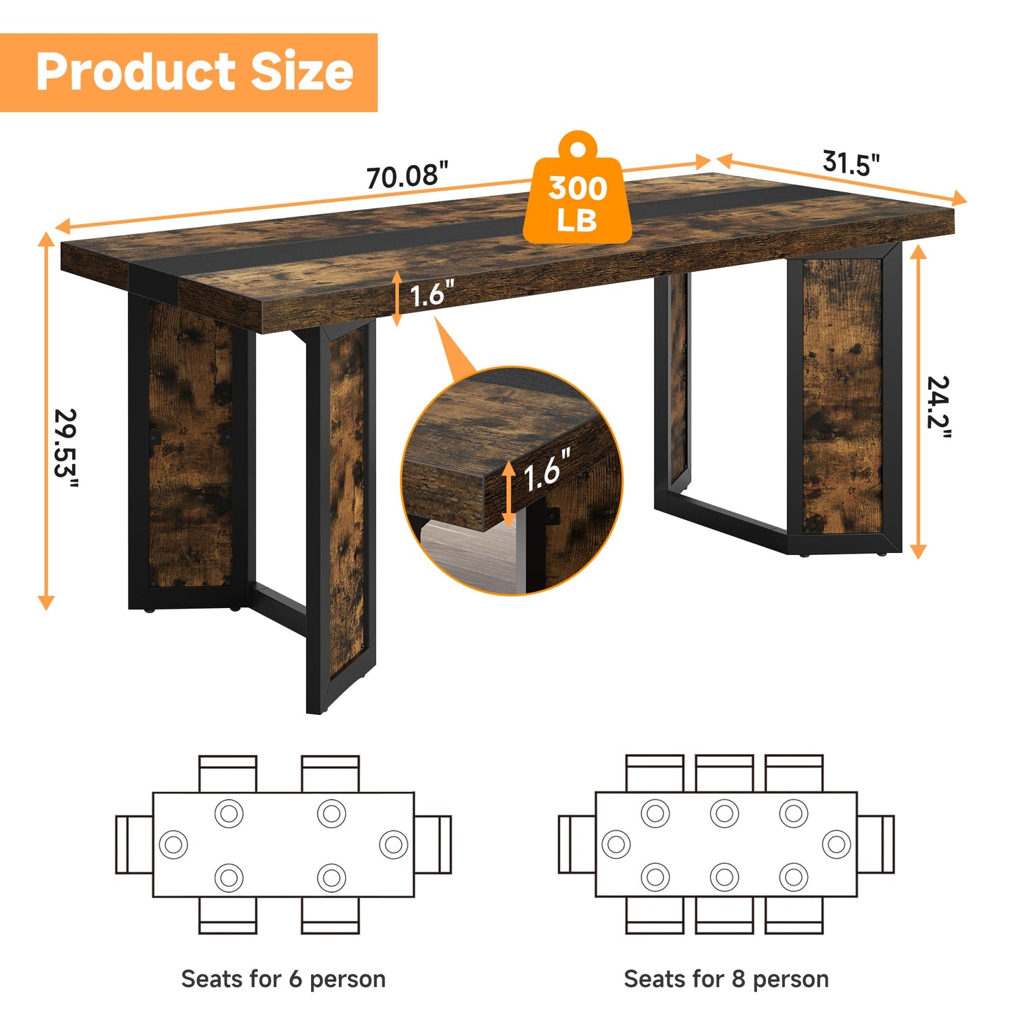 Industrial Dining Table for 6-8 People, 71" Large Long Wooden Kitchen Table with Sturdy Metal Frame & Brown Finish, Rustic Style Rectangular Dinner Table for Dining Room, Kitchen (Vintage Brown)