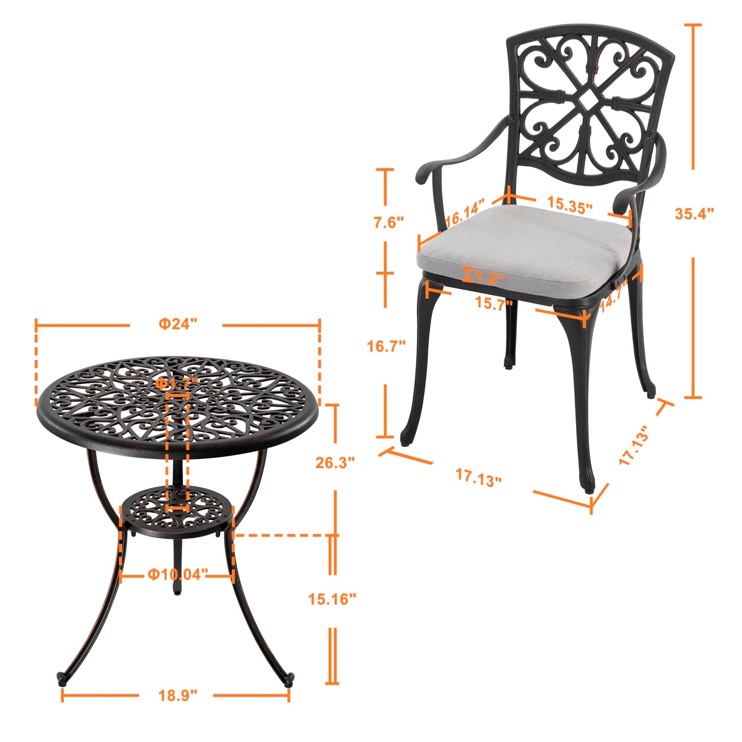NUU GARDEN Bistro Set 3 Piece Outdoor All Weather Cast Aluminum Patio Bistro Set Patio Table and Chairs Set of 2 with Umbrella Hole and Grey Cushions for Backyard, Balcony, Lawn, Black