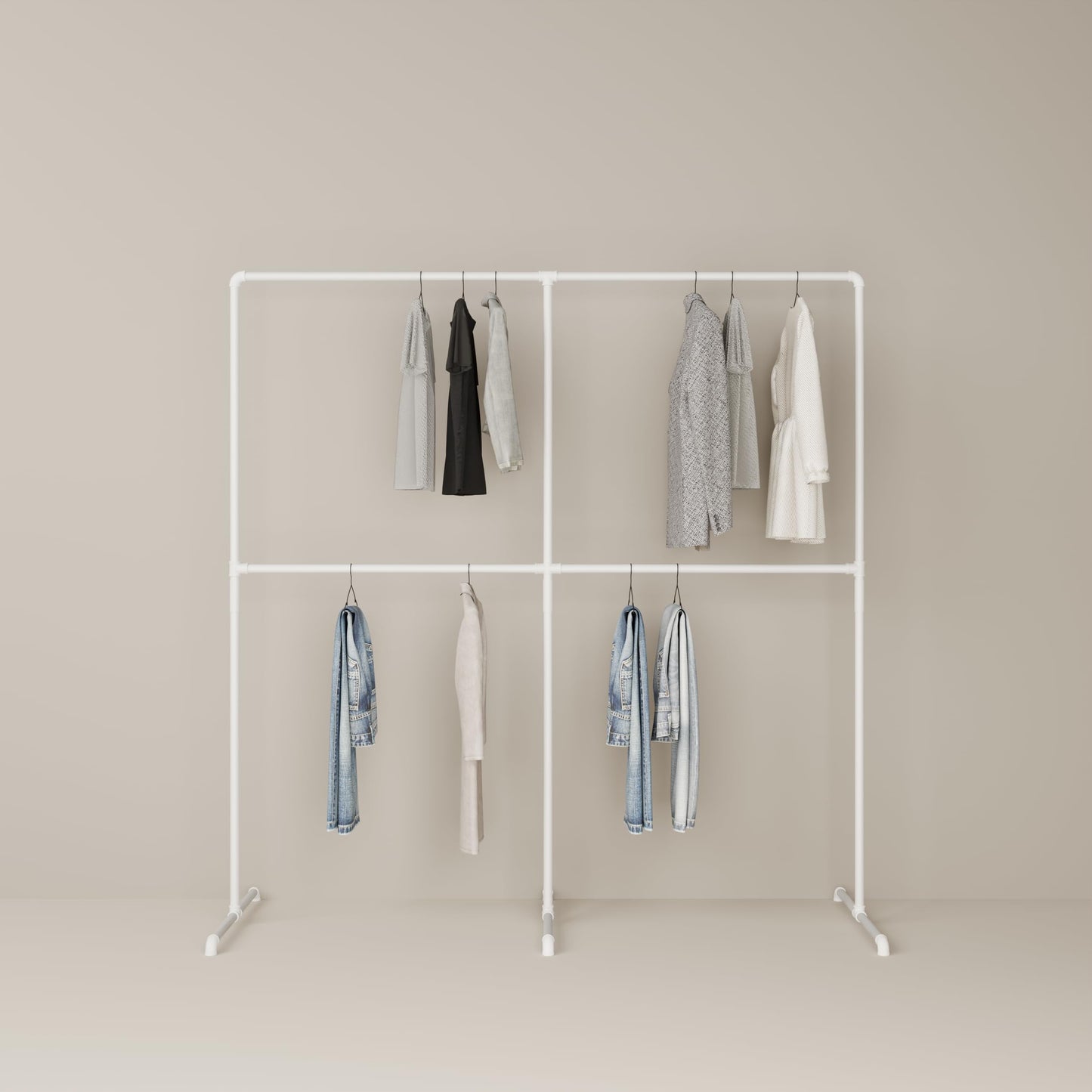 pamo Freestanding Clothes Rack – 260 lbs Load Capacity – Open Closet or Industrial Garment Rack for Bedroom or Walk-In Closet – White Metal Pipe Design