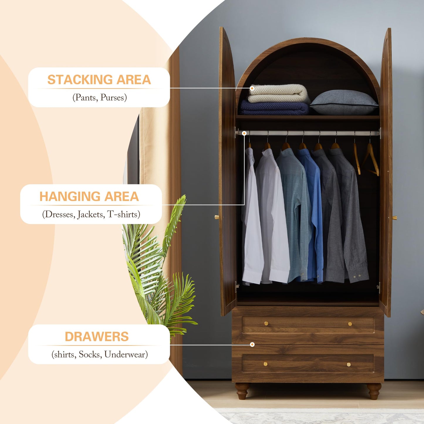 QEIUZON Wardrobe Closet, Arched Rattan Wardrobe Cabinet with Hanging Rod & 2 Drawers, 75" Freestanding Storage Cabinet for Living Room, Laundry Room (Walnut)