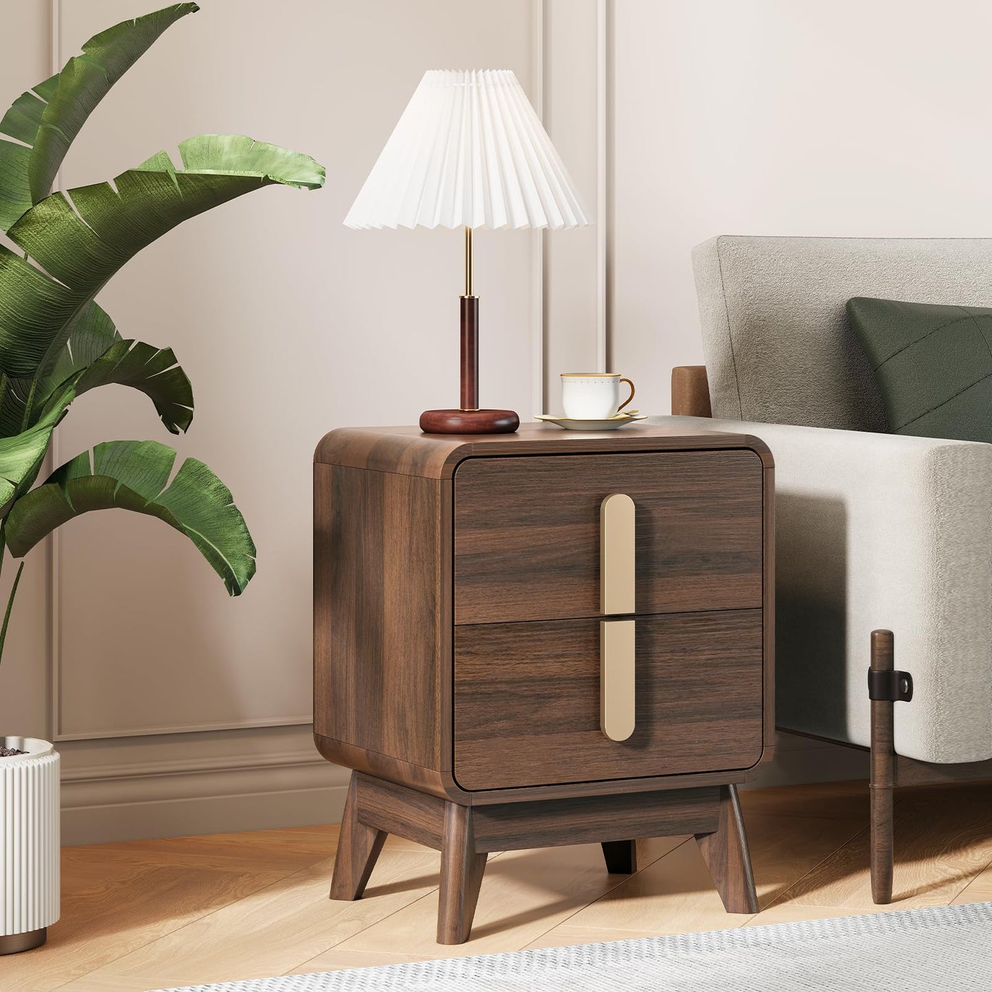 JOINICE Nightstand Set of 2, Mid Century Modern Bedside Table with 2 Drawers & Metal Handle, Curved Profile Brown Night Stand with Storage, Solid Wood Feet End Table for Bedroom, Dark Walnut