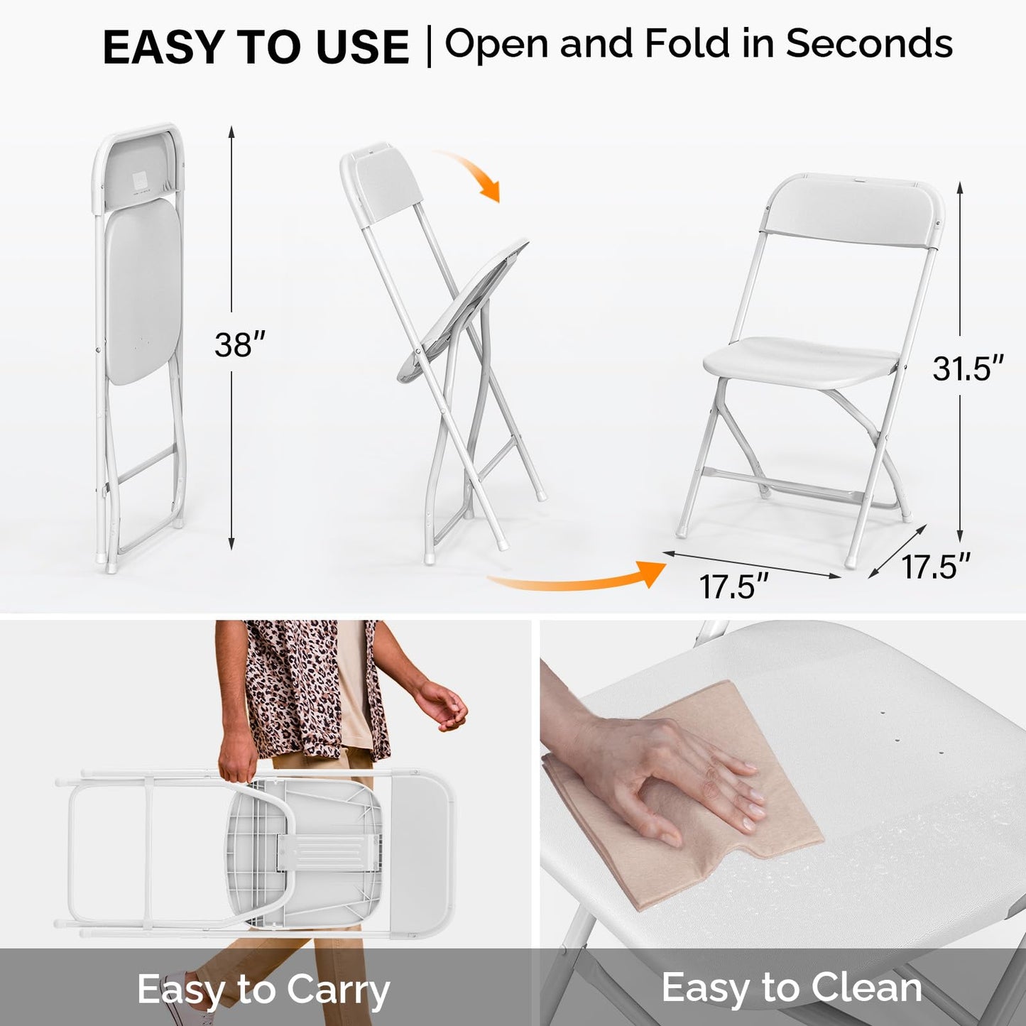 VINGLI 12 Pack White Plastic Folding Chair, Indoor Outdoor Portable Stackable Commercial Seat with Steel Frame 350lb. Capacity for Events Office Wedding Party Picnic Kitchen Dining