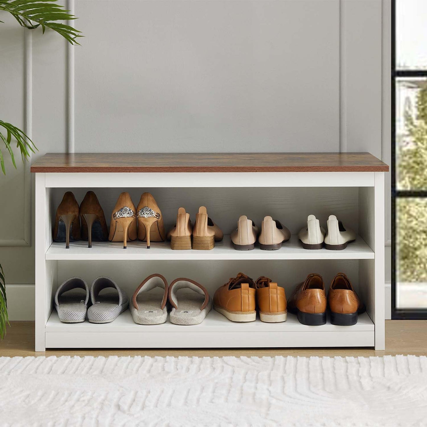 Entryway Bench with Shoe Storage, 2-Tier Shoe Shelf Organizer for Entryway, Wooden Shoe Rack for Home, Living Room, Hallway, White