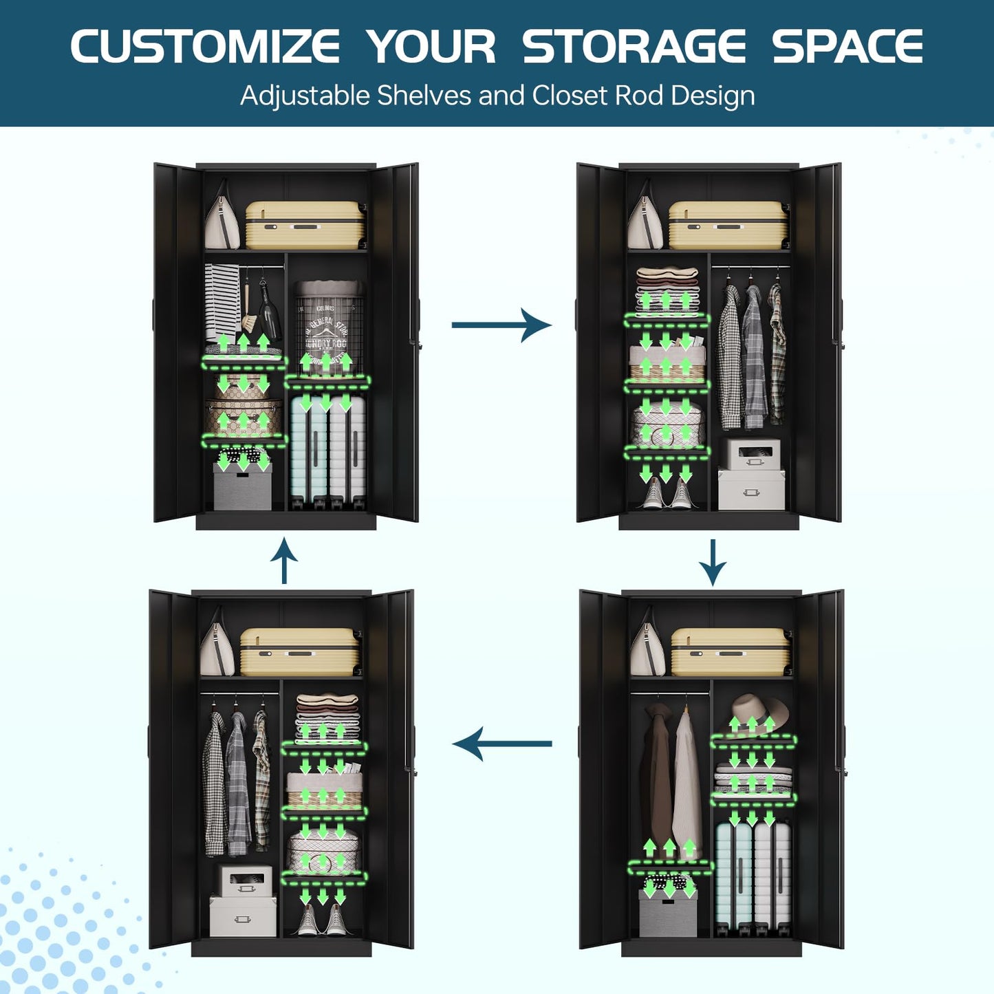 MIIIKO Metal Clothing Storage Locker, Steel Wardrobe Cabinets with Shelves and Closet Rod, 72" Large Storage Locker Closet for Sports Equipment, Tools, Cleaning Supplies, Garments