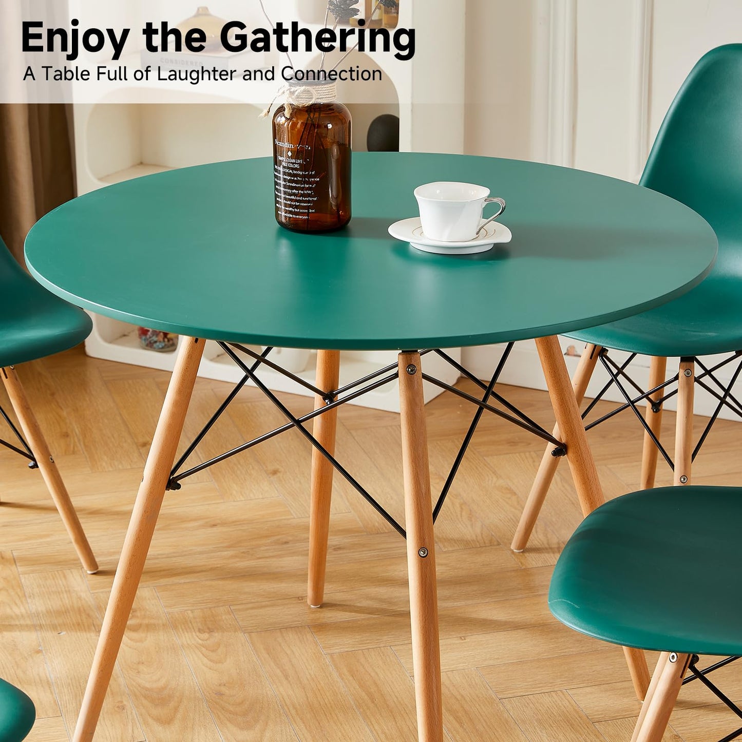 Yuqunfur Round Dining Table Set for 4 35.5" Wood Dinner Table Circle Dining Table Kitchen Table Chairs Set of 4 with Wood Strip Base for Kitchen Living Room Space Saving Apartment(Green)