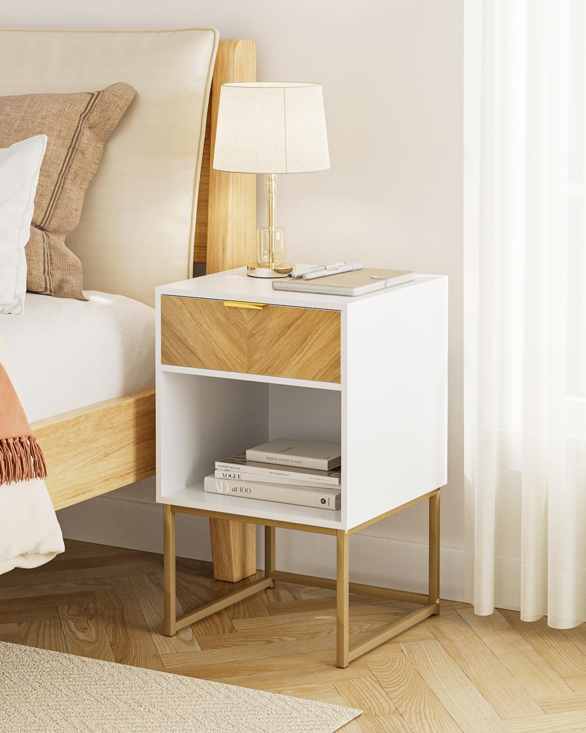 Apetaccat Nightstand,Modern Night Stand Boho Farmhouse Wood Bedside Table with Storage Drawer and Open Shelf,Side End Table for Bedroom,Living Room,White