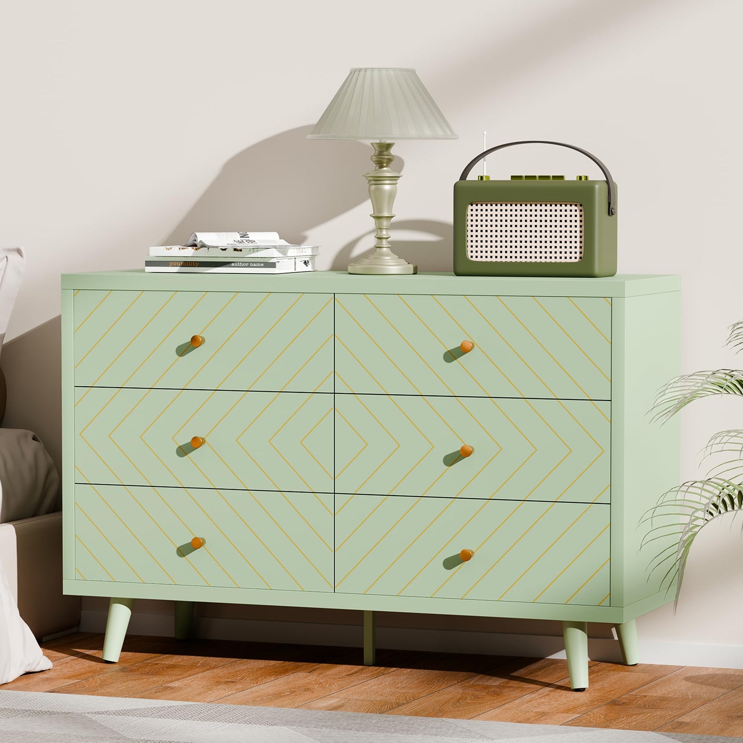 FNCK Green Dresser for Bedroom, 6 Drawer Dresser with Wide Drawer, Wood Dressers & Chests, TV Stand for 50" TV, Modern Storage Cabinet for Dorm, Hallway, Dressers and Nightstand Sets