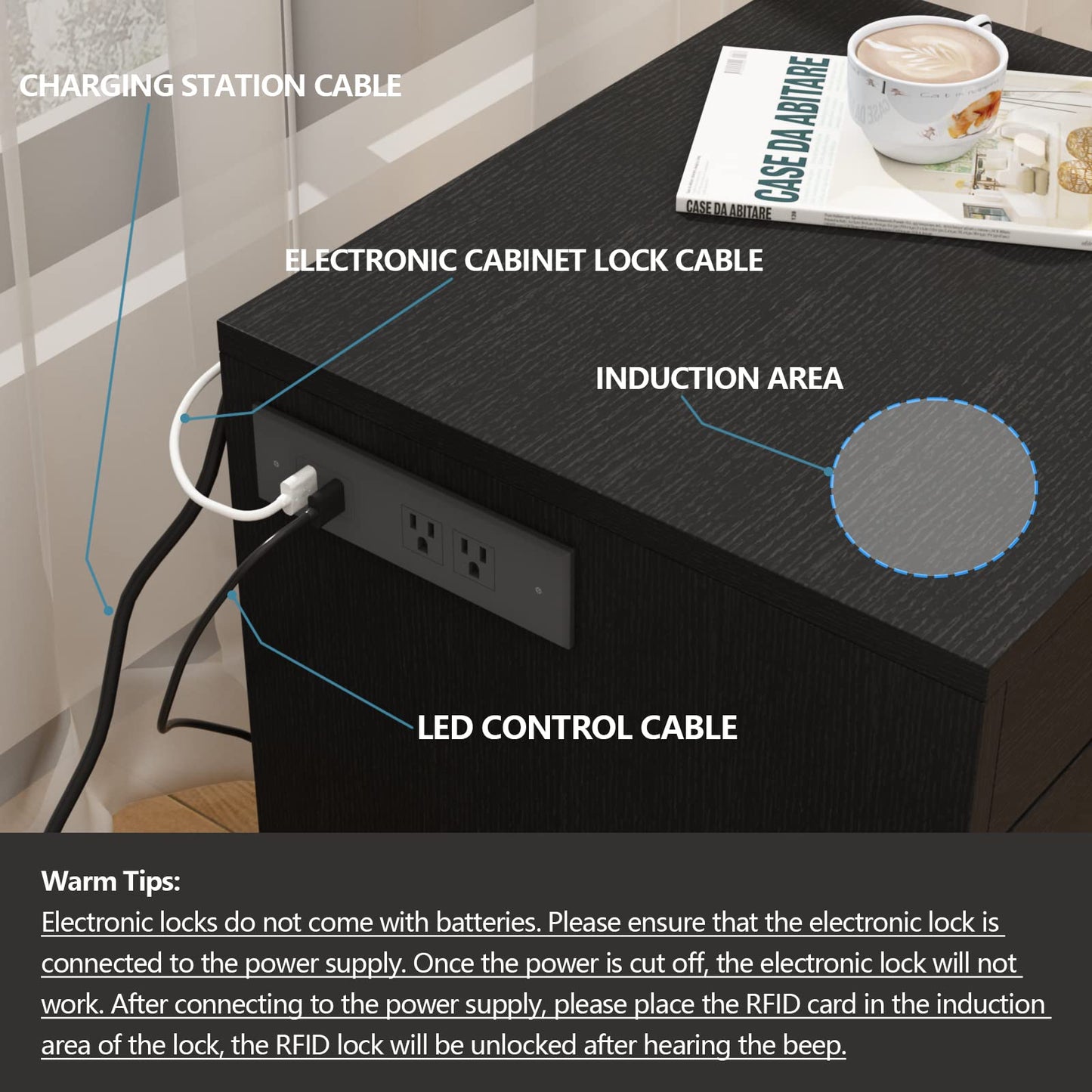 Auromie Nightstand with Charging Station and LED Lights, Concealment Furniture with RFID Lock Cabinet and Power Outlets, Bedside Table with Hidden Compartment for Valuables Storage, Black
