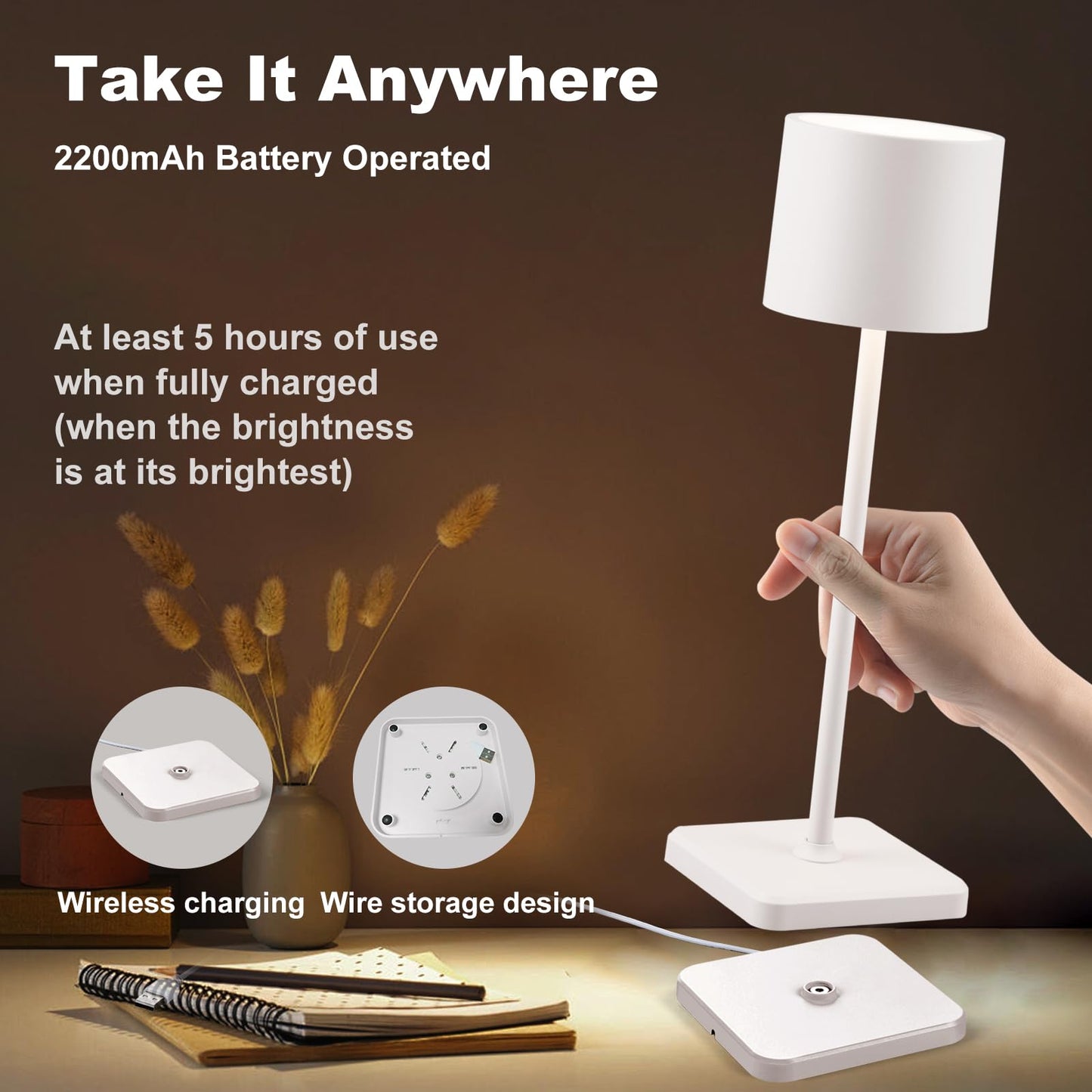 BKZO Cordless Table Lamp Rechargeable, Wireless Charging LED Table Lamp, IP54 Waterproof Aluminum Bedside Light, Touch Control, Suitable for Indoor and Outdoor Use, White