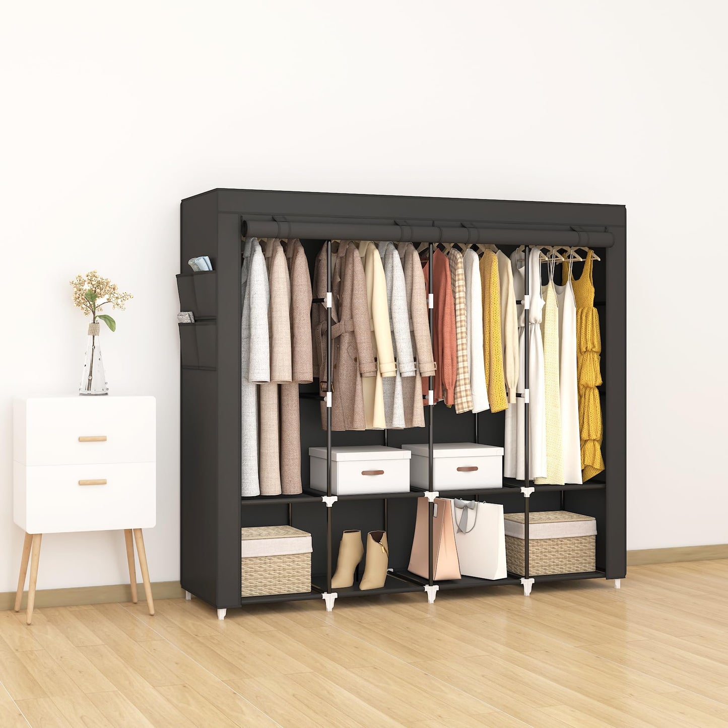 MOGELAFOO 67 Inch Portable Closet Wardrobe for Hanging Clothes, Wardrobe Closet with Cover, 4 Hanging Rods and Side Pockets, 8 Storage Shelves, Large Clothes Organizer for Bedroom, Living Room, Black