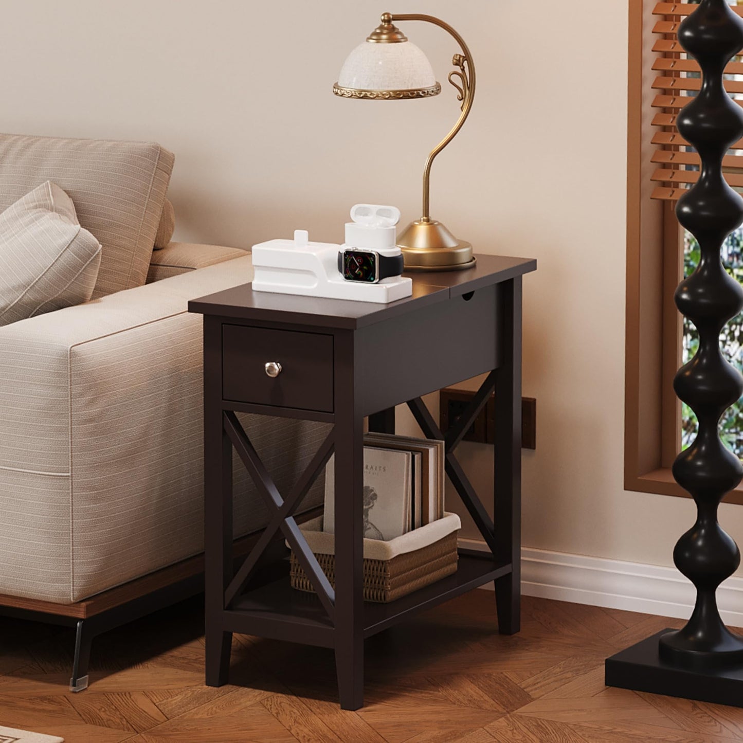 ChooChoo End Table Set of 2, Flip Top Narrow End Table with Drawer, Accent Small Side Table Nightstand for Living Room, Bedroom, and Small Spaces, Espresso
