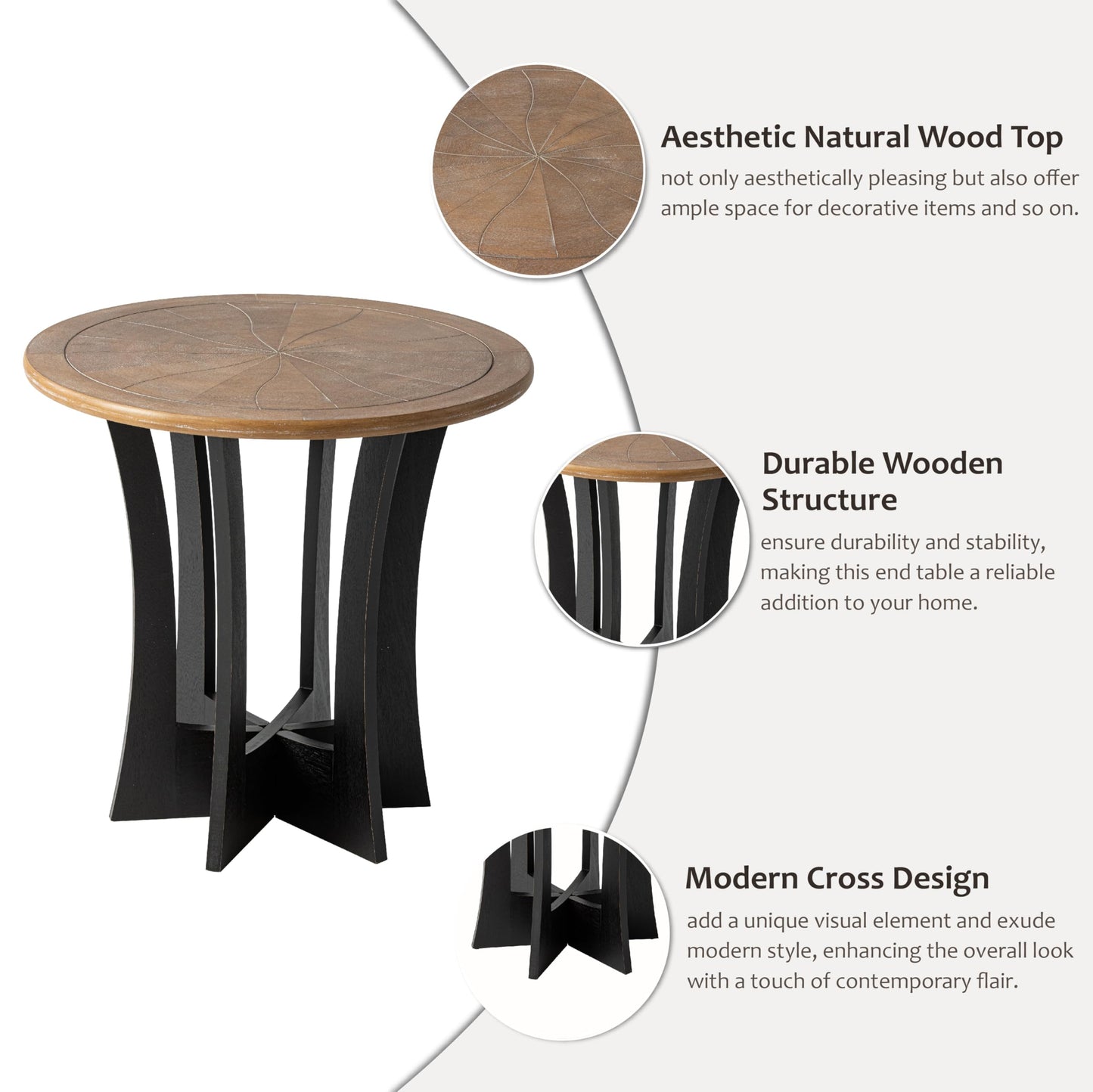 COZAYH Farmhouse Round End Table with Criss-Cross Wood Legs, Rustic French Country Side Table for Dinning or Living Room, Modern, Black, Natural Wood