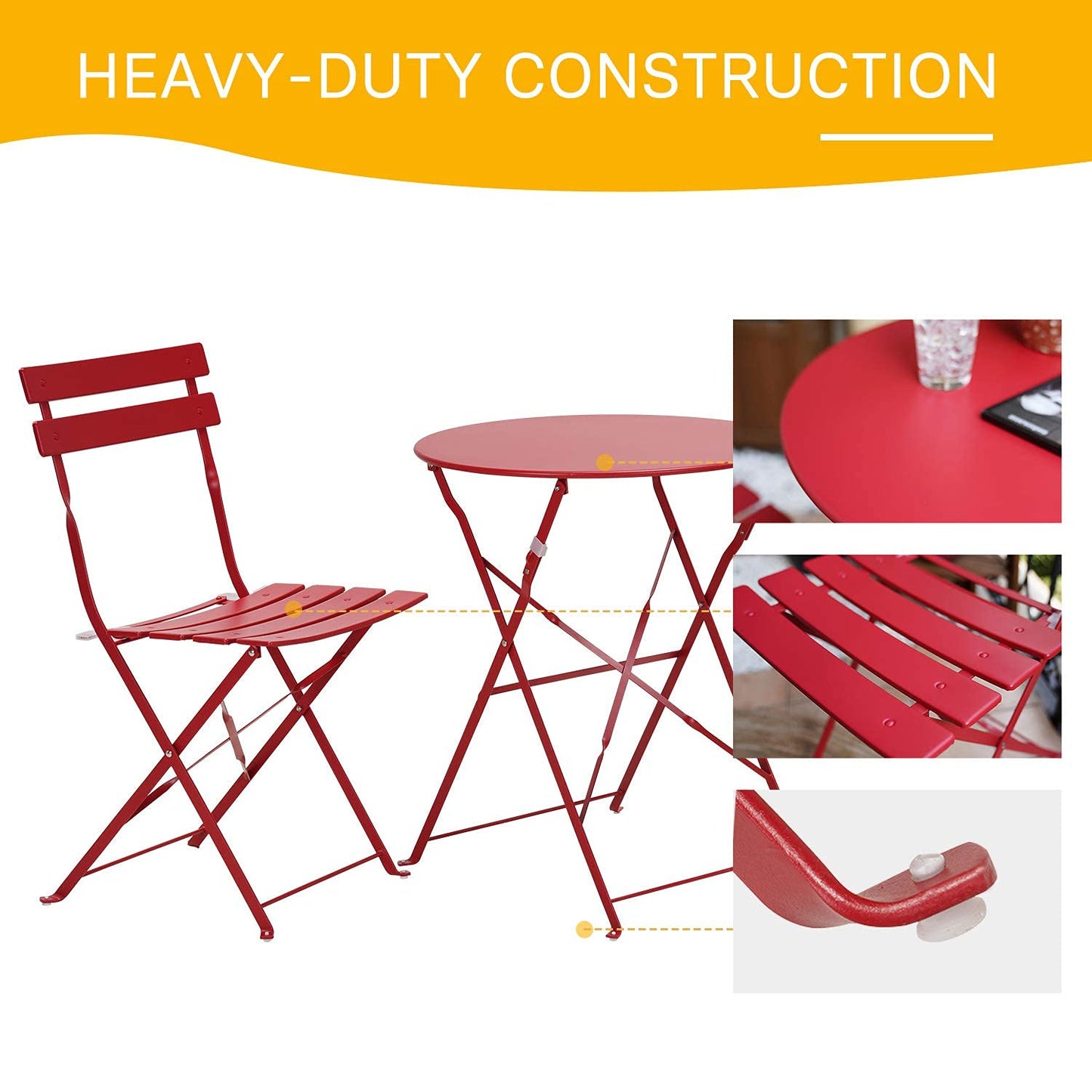 Grand patio 3-Piece Folding Bistro Set, 2 Chairs and 1 Table, Weather-Resistant Outdoor/Indoor Conversation Set for Patio, Yard, Garden -Dark Red