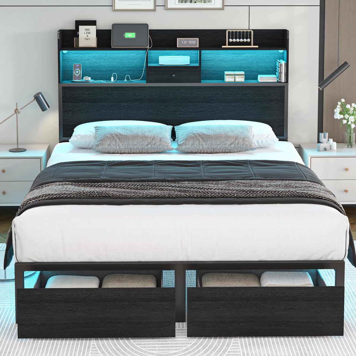 Siihnon Queen Bed Frame with Tall Headboard and LED Lights, 51.2" Bookcase Black Bed Frame Queen Size with Storage Drawers and Charging Station, Platform Metal Bed Frames, No Box Spring Needed, Black