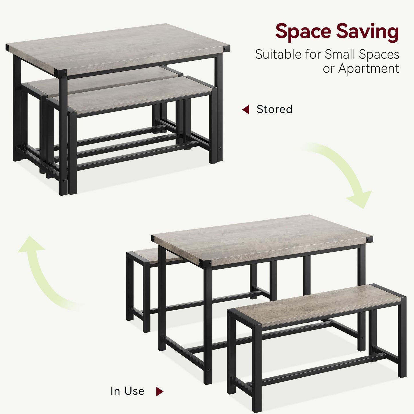 GarveeHome Dining Table Set for 4, Kitchen Table with 2 Metal Wood Benches, Rectangular Room Dining Table Set, 3 Piece Farmhouse Kitchen Table Set for Small Space, Apartment, Studio, Rustic Gray