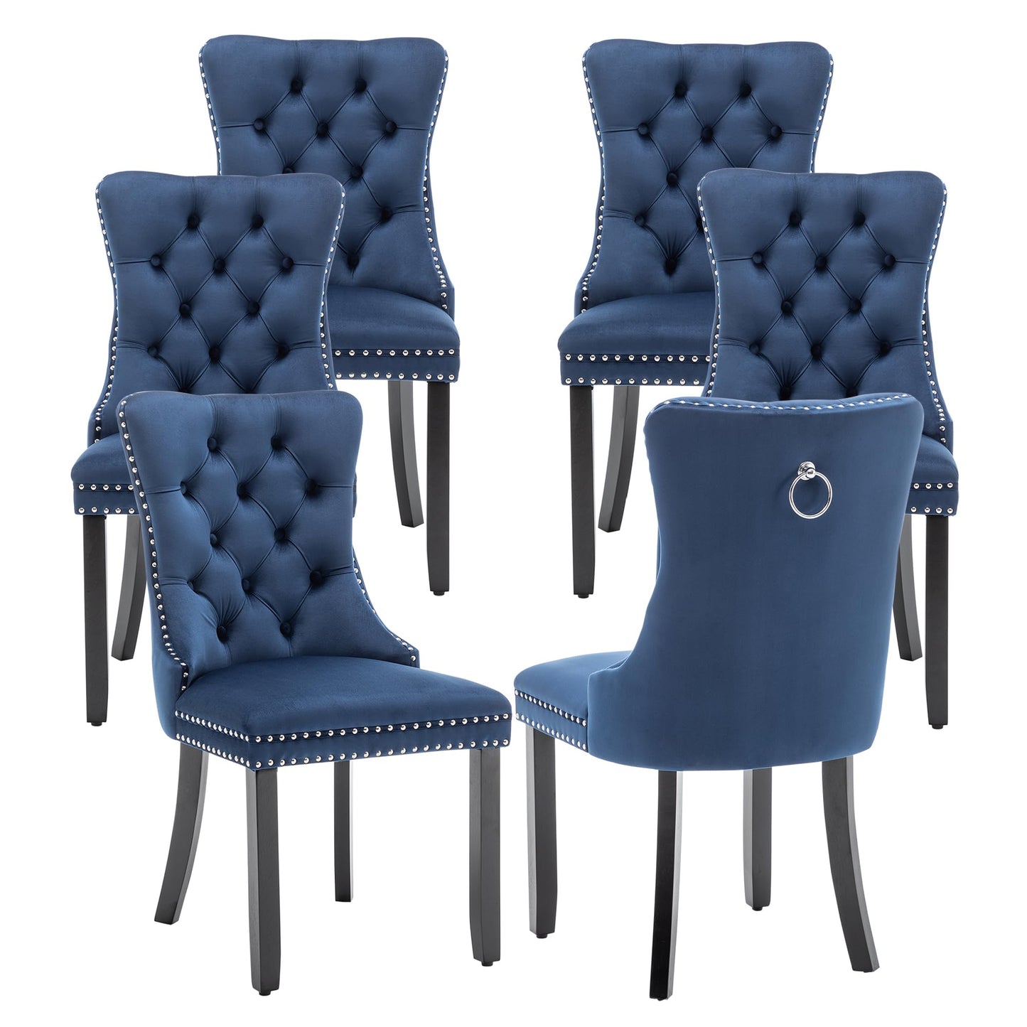 Kiztir Velvet Dining Chairs Set of 6, Upholstered Dining Room Chairs with Ring Pull Trim and Button Back, Luxury Tufted Dining Chairs for Living Room, Bedroom, Kitchen (Blue)