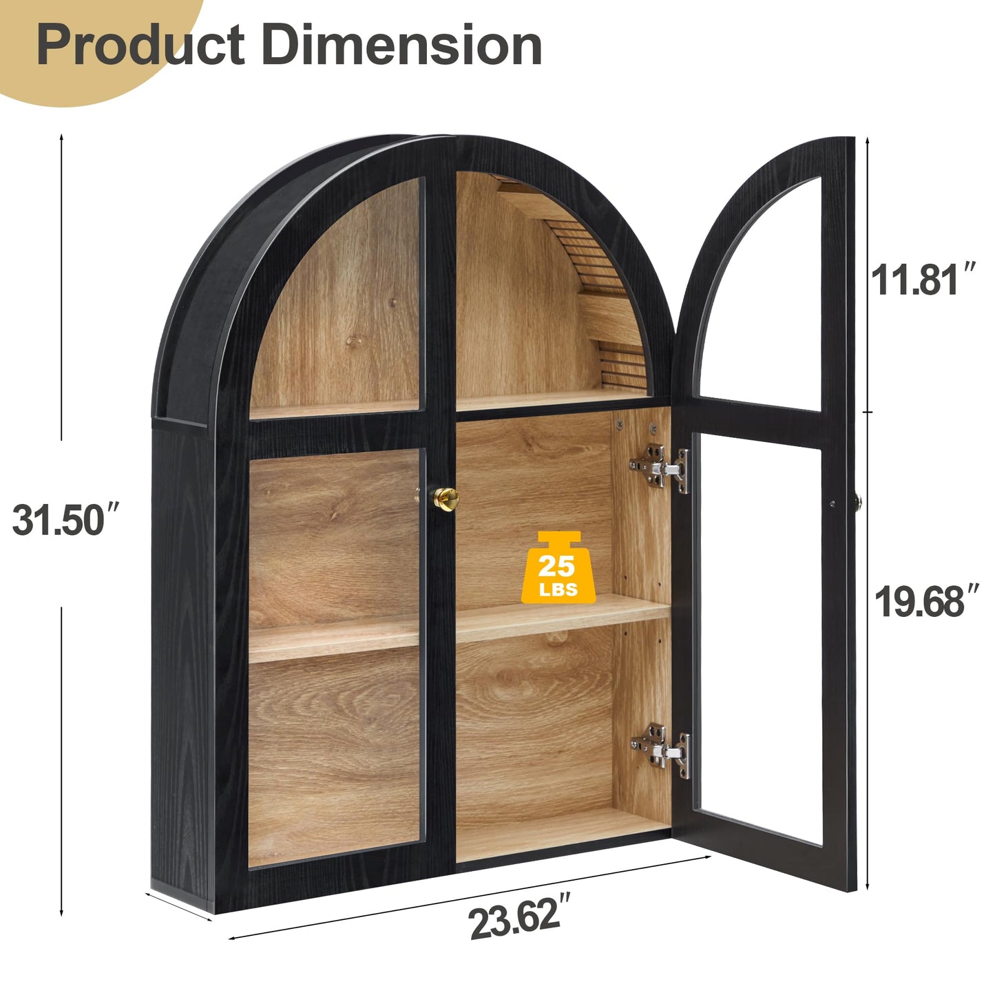 Bathroom Medicine Cabinet Wall Mounted, Arched Wall Cabinet with Adjustable Shelf & Acrylic Doors, Floating Cabinet for Wall Over The Toilet Storage Cabinet Space Saver for Kitchen, Black
