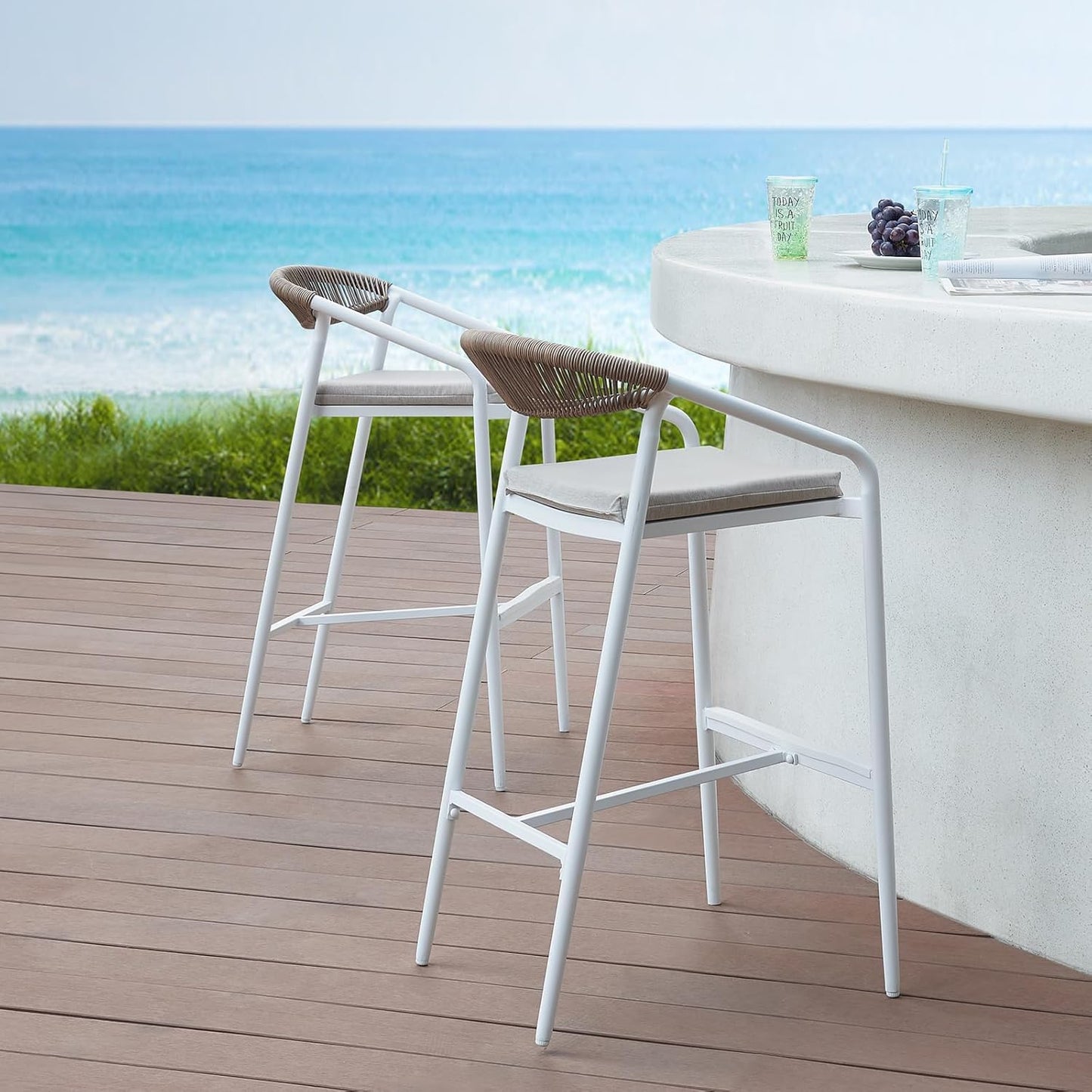 RICNOD Modern Outdoor Bar Stools Set of 2, White Aluminum Frame with Wicker Back, Cushioned Patio Seating