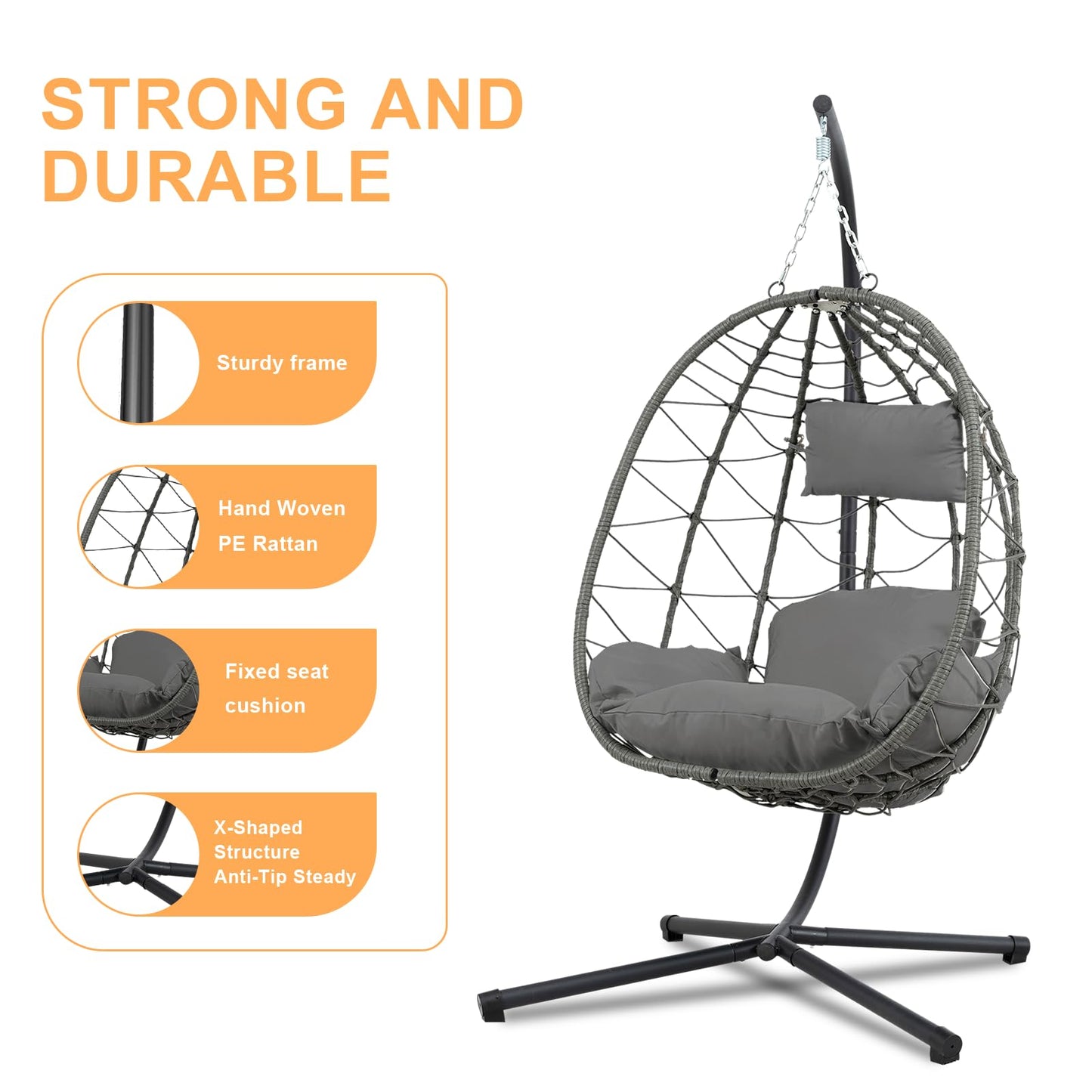 Hanging Egg Chair with Stand Egg Chair Indoor Outdoor, Patio Swing Hammock Egg Chairs, UV Resistant Removable &Washable Thicken Padded Cushions, 350LBS Capacity for Bedroom, Balcony, Garden, Dark Grey