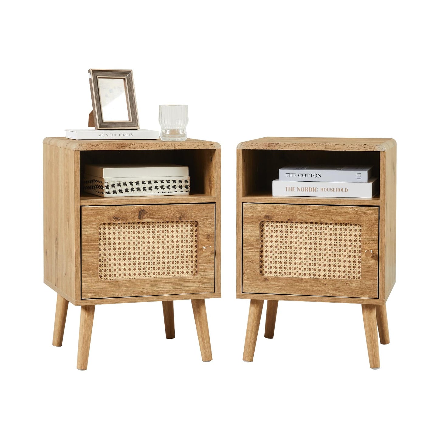 Noskatu Nightstands Set of 2,Night Stand with Rattan Decor Door,16" Modern Side Table with Curved-Top,Bedside Table with Wood Legs and Anti-Slip Pads for Bedroom,Living Room,Nature Wood