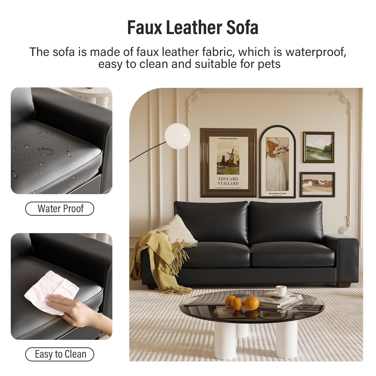 Valthie Faux Leather Couch, Mid Century Modern Comfy Loveseat Sofa with Wide Arm, Side Pockets, Solid Wooden Frame for Office, Living Room and Bedroom, 3 Seater (Black, 88.58 inches)