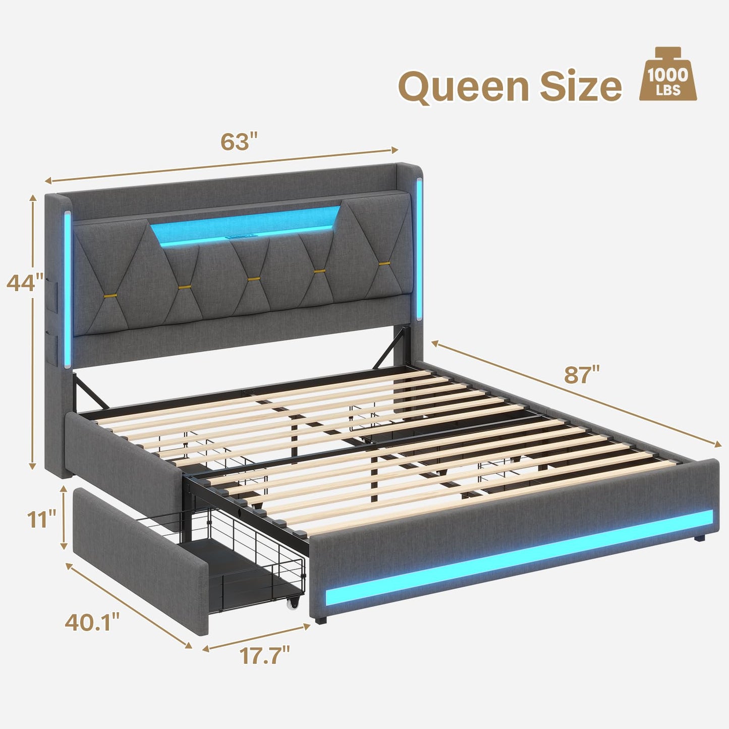 Queen Bed Frame with 4 Drawers, Platform Bed Frame Queen Size with Storage Headboard&LED Lights, Queen Bed with Storage & Charging Station, Noise-Free, No Box Spring Needed, Easy Assembly, Gray