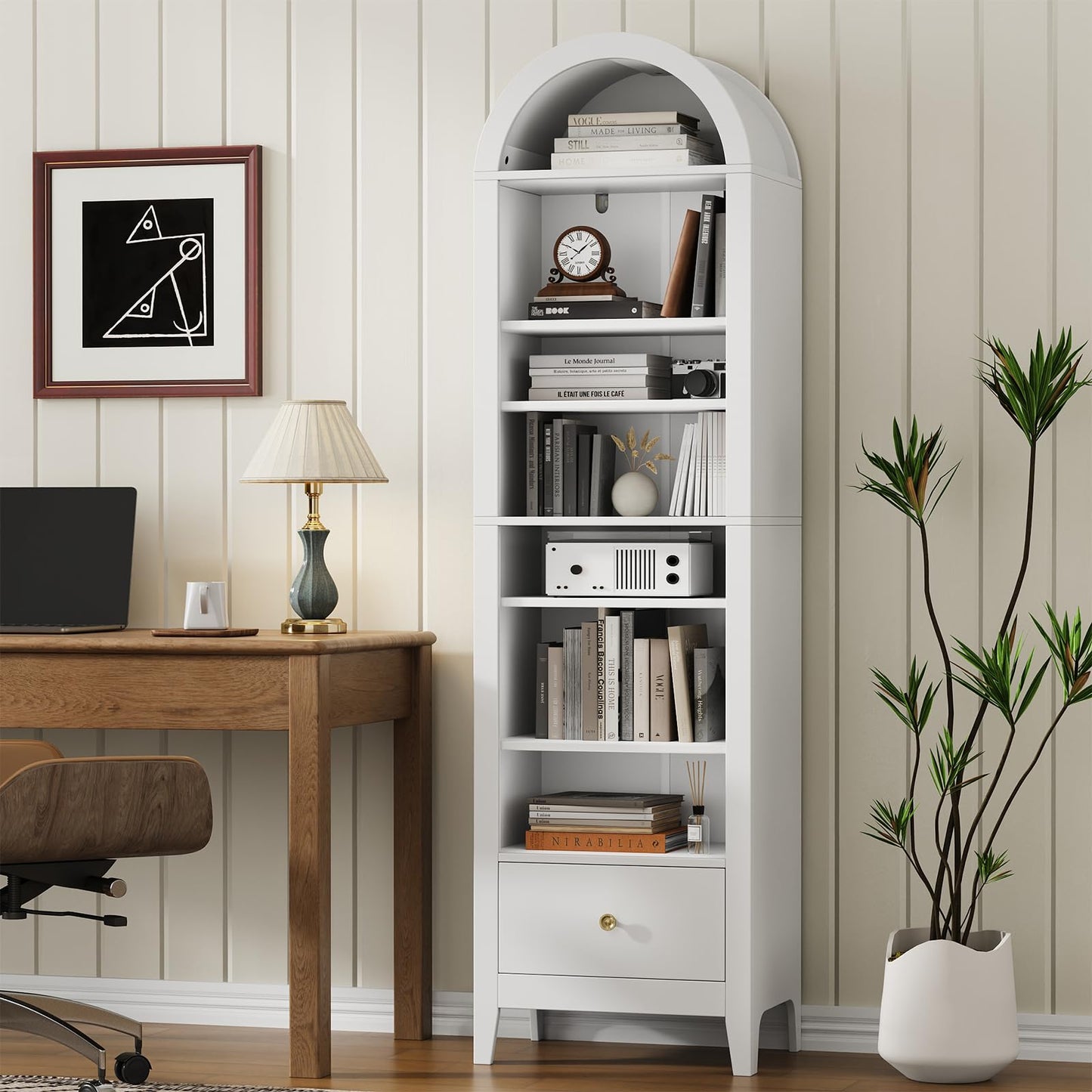 Seeday 71" Tall Narrow Arched Bookshelf, 8-Tier White Arched Bookcase with Adjustable Shelves & Drawer, Modern Open Book Shelf for Living Room, Bathroom, Kitchen, White